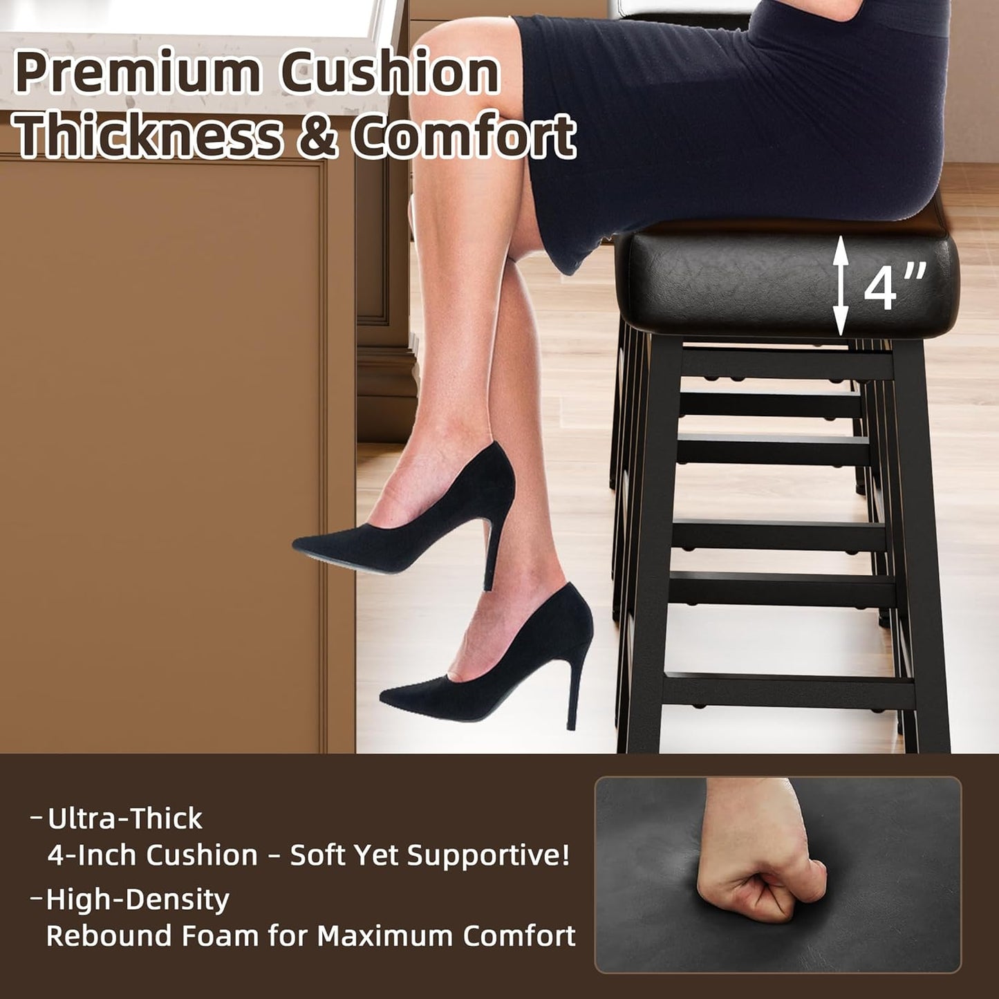 Counter Height Bar Stools Set of 6, 24 Inch Backless BarStools for Kitchen Island Leather Saddle Bar Chairs Kitchen Stools with 4" Thick Seats & Heavy Duty Metal Base, Black