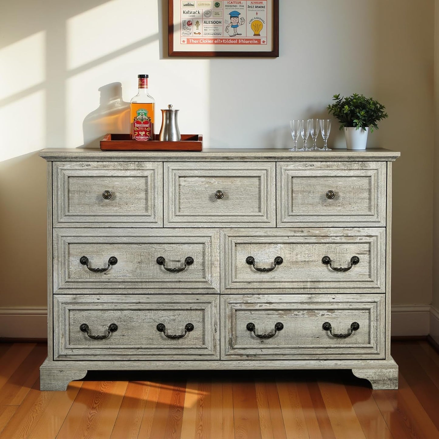 47.2" Farmhouse Sideboard Buffet Cabinet with Storage, Kitchen Buffet Storage Cabinet with 7 Drawers, Modern Wood Accent Sideboard for Living Room, Kitchen, Hallway(Ancient Oak)