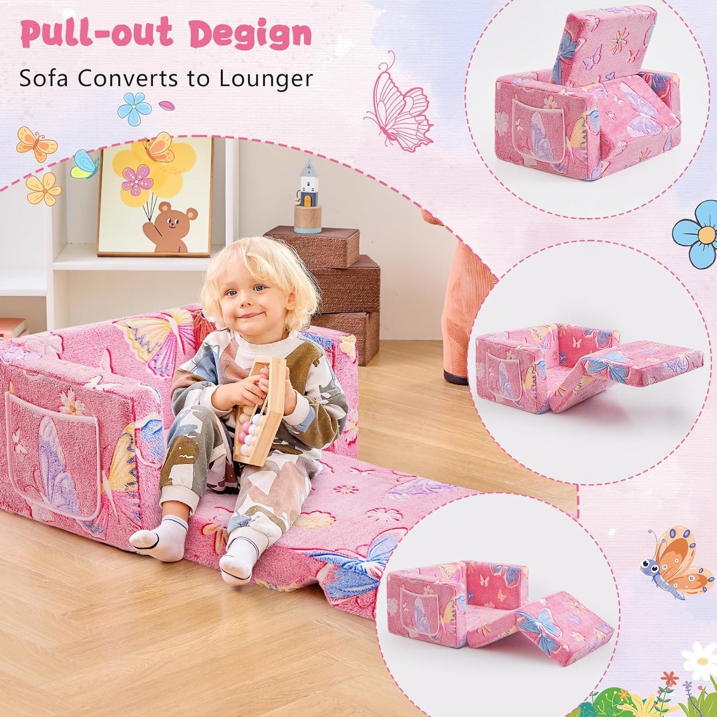 Toddler Chair Comfy,2-in-1 Soft Toddler Couch Fold Out for Kids,Convertible Sofa to Lounger,Gift for Girls and Boys Birthday,Butterfly