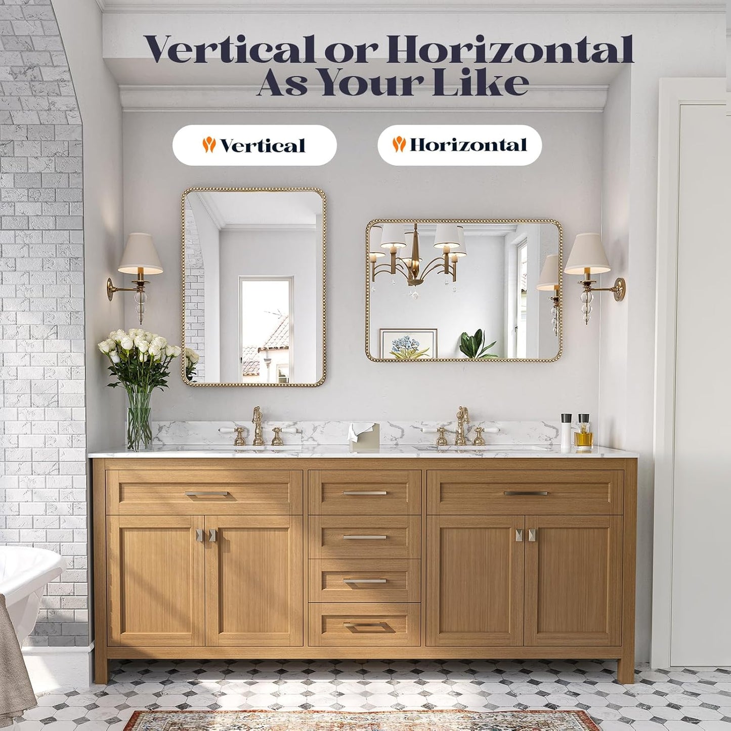 30"x36" Antique Brass Mirror with Beaded Frame for Bathroom, Champagne Bronze Mirrors for Bathroom, Antique Brass Metal Frame Wall Mirrors, Gold Beaded Mirror for Vanity Ornate Bedroom