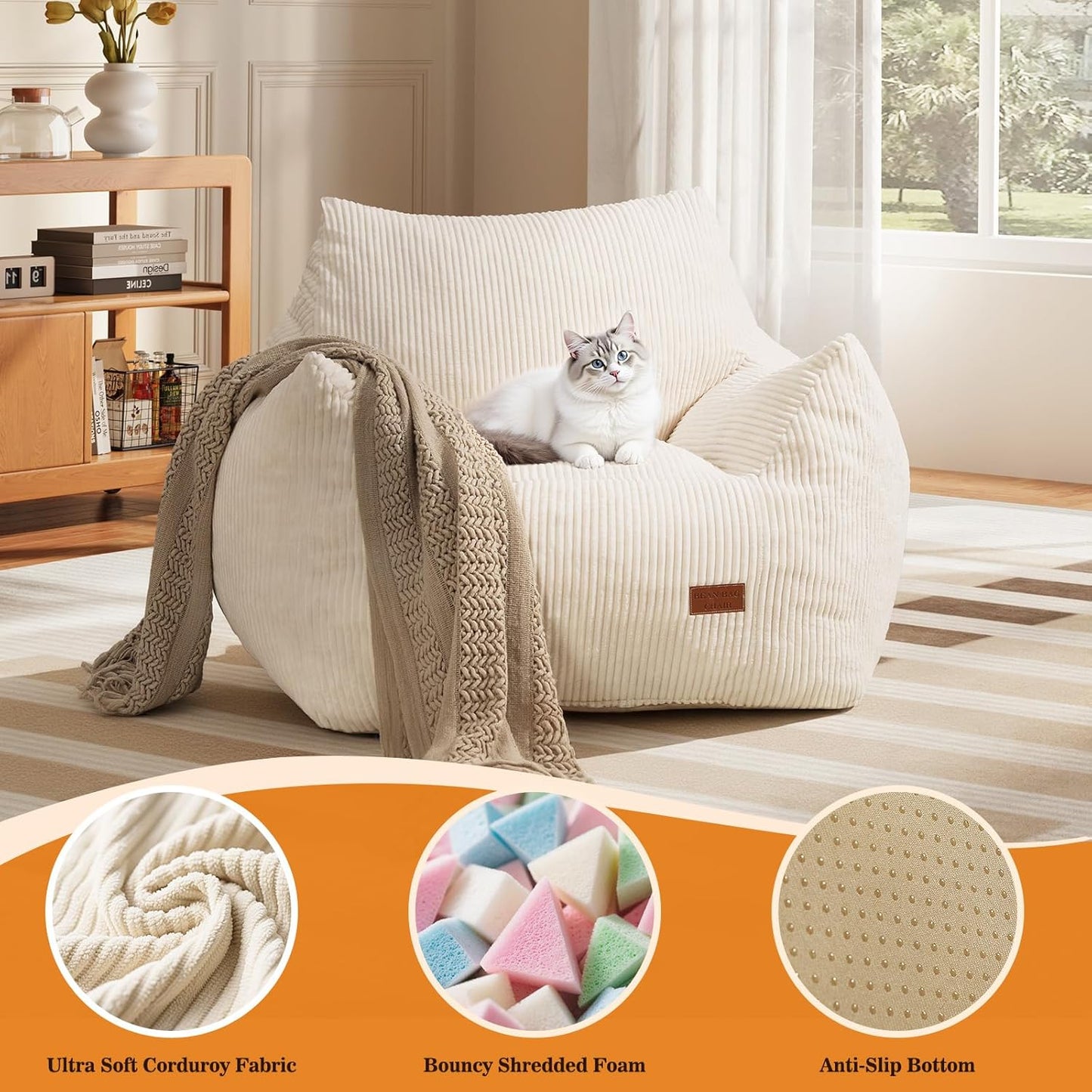 Big Bean Bag Chair for Adults & Kids, Ultra Soft Living Room Bean Bag with Armrests, Stuffed BeanBag Floor Sofa for Napping, Gaming, Lounging, Beige