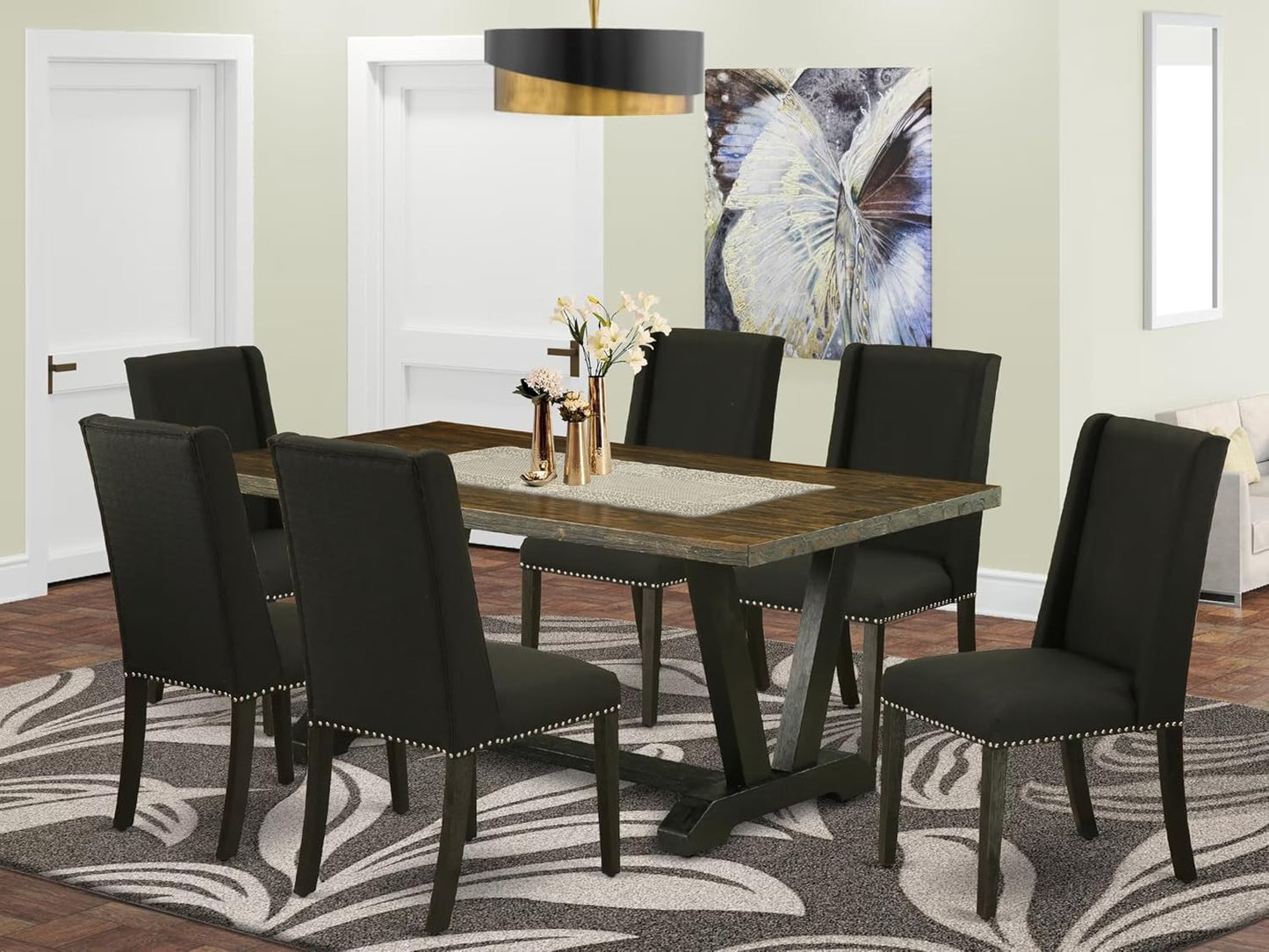 East West Furniture V677FL624-7 7 Piece Dinette Set Consist of a Rectangle Dining Room Table with V-Legs and 6 Black Linen Fabric Upholstered Parson Chairs, 40x72 Inch, Multi-Color
