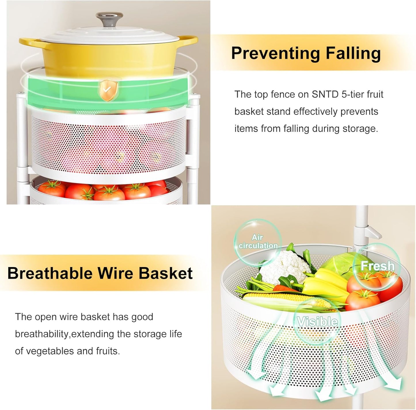 SNTD Fruit and Vegetable Basket Bowls for Kitchen with Metal Top Lid, 5 Tier Rotating Storage Rack Cart for Potato Onion Banana, Wire Basket Organizer on Wheels, Large (White)