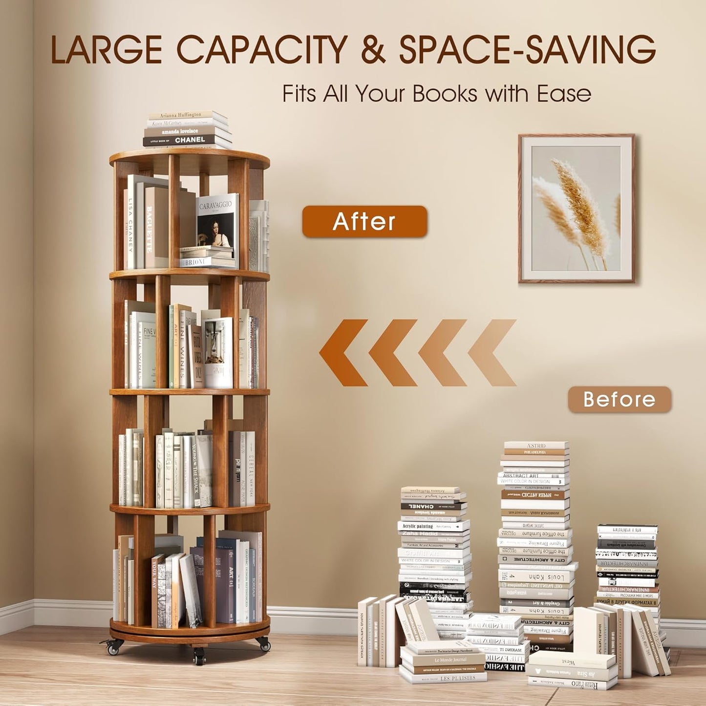 4 Tier Rotating Bookshelf Tower, 360 Spinning Bookcase Carousel with Lockable Wheels, Round Lazy Susan Organizer for Corner Bookshelf, Solid Wood Revolving Bookcase for Kids Room, Bedroom, Living Room