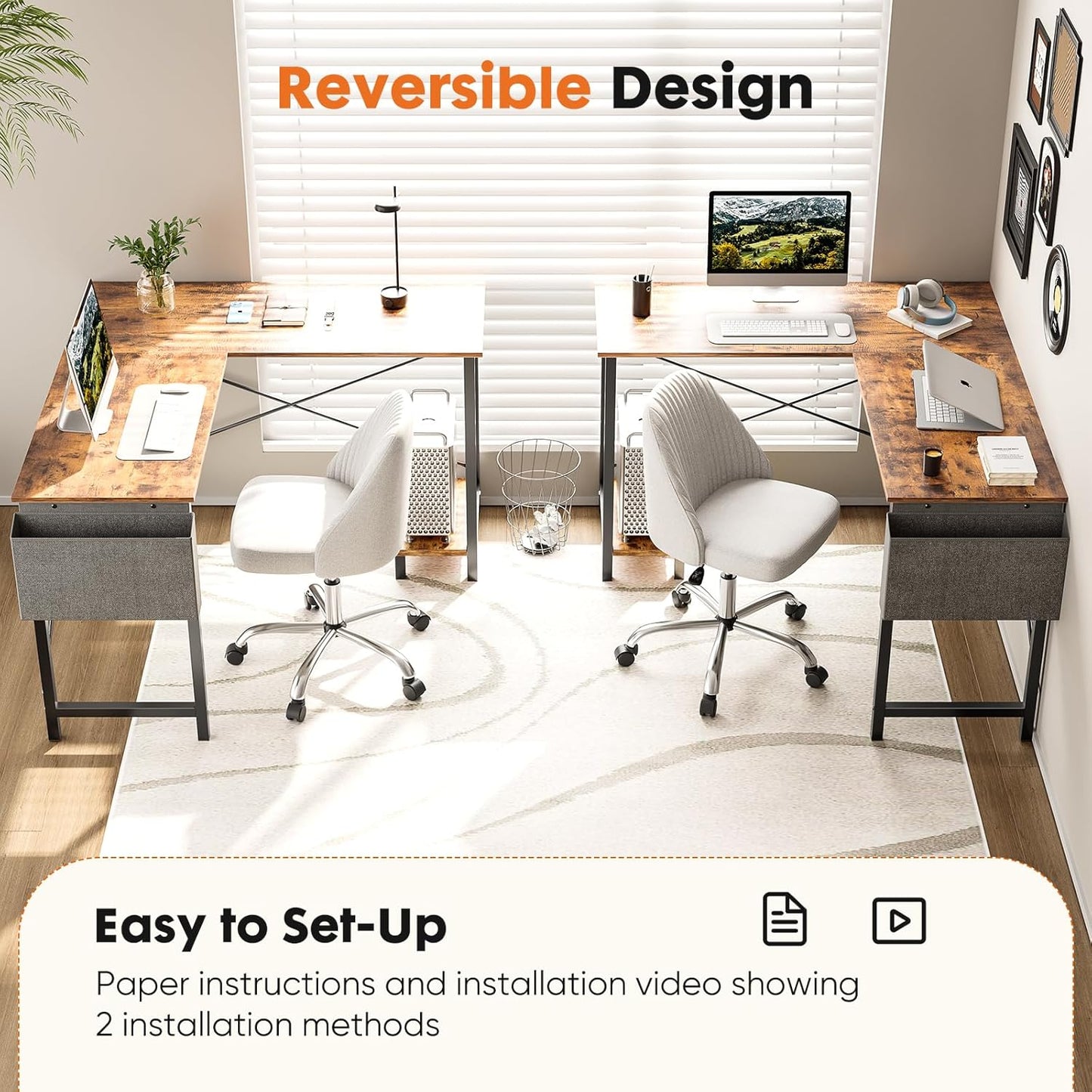 Sweetcrispy L Shaped Desk - Computer Corner Gaming PC Table with CPU Stand Side Bag for Home Office Dorm Sturdy Writing Workstation