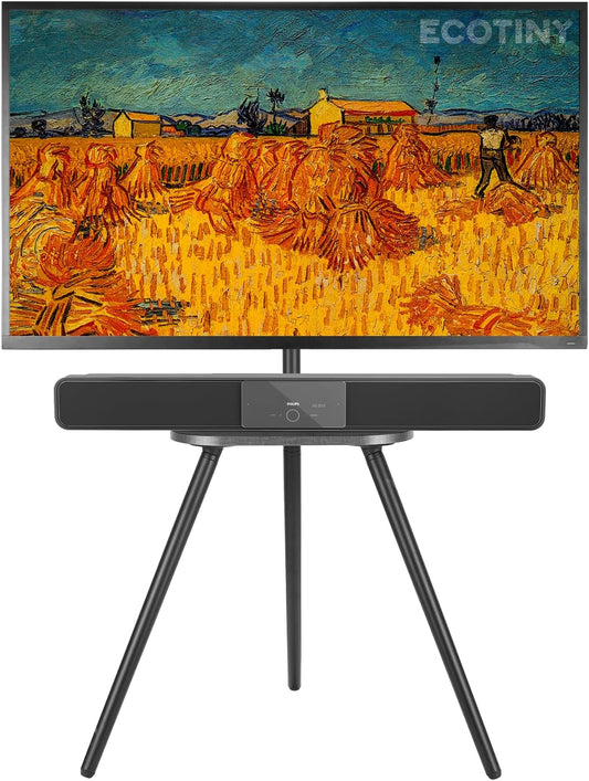 Tripod Easel TV Stand for 43 to 65 Inch LCD Led Screen, Height Adjustable and Swievel TV Stand, Portable TV Floor Stand with Wooden Tray for Bedroom, Living Room, Studio, Metal Black