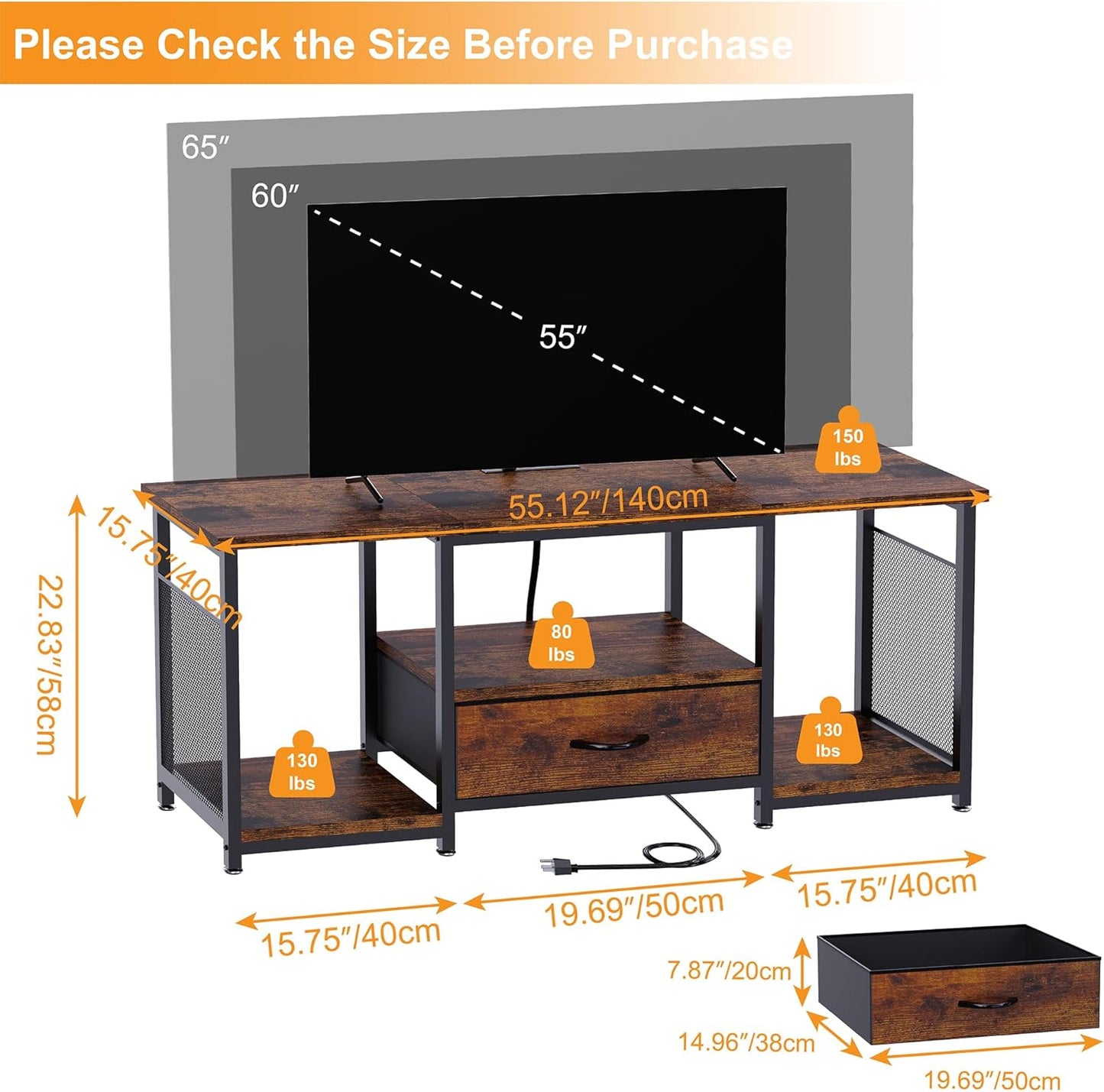 TV Stand with Drawers and Power Outlet for 65 60 55 Inch TV, Entertainment Center with Open Storage Shelves, Industrial Media TV Console Table for Living Room Bedroom Office, Rustic Brown