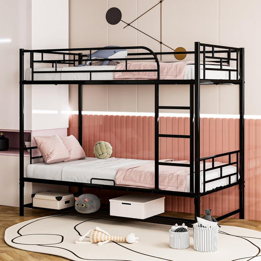Twin Over Twin Metal Bunk Bed with Shelf and Guardrails, Heavy-Duty Steel Bed Frame,Built-in Ladder,Can Be Divided into 2 Separate Beds,for Kids Teens Adults,Black