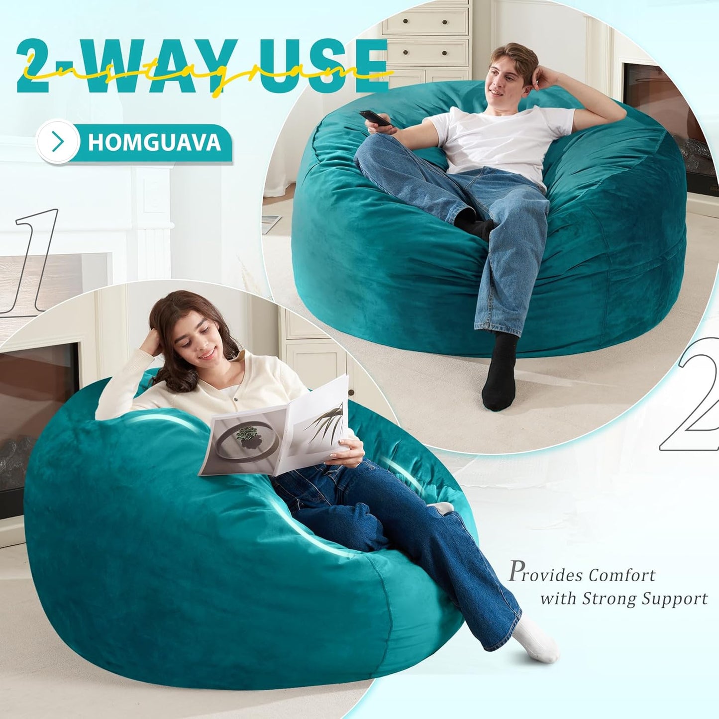 Homguava 4 FT Bean Bag Chair: 4' Bean Bags with Memory Foam Filled, Large Beanbag Chairs Soft Sofa with Dutch Velvet Cover-Sea Blue