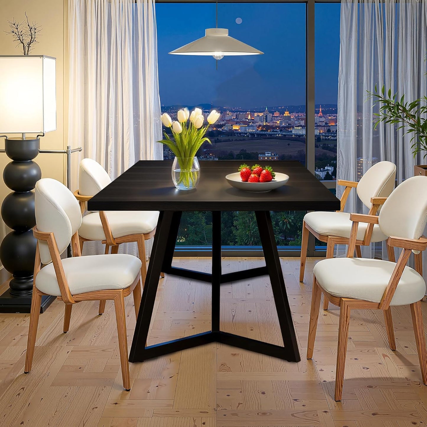 71" Dining Table for 6-8, Farmhouse Dinner Table with Wooden Tabletop and Metal Frame Base, Rectangular Kitchen Tables for Dining Room, Kitchen, Living Room, Black