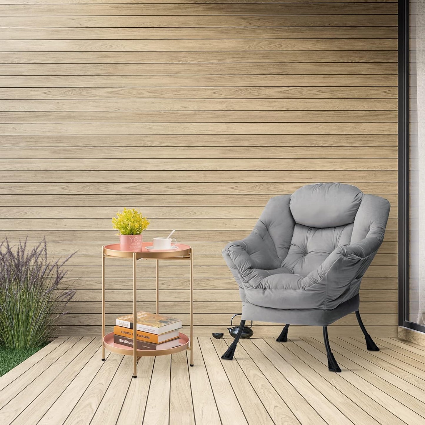 HollyHOME 2-Tier Round Gold Side Table, Outdoor Small Folding Accent Stand with Removable Tray, Anti-Rust Metal Asional Table for Balcony Patio Living Room, Nightstand for Bedroom(Gold&Pink)