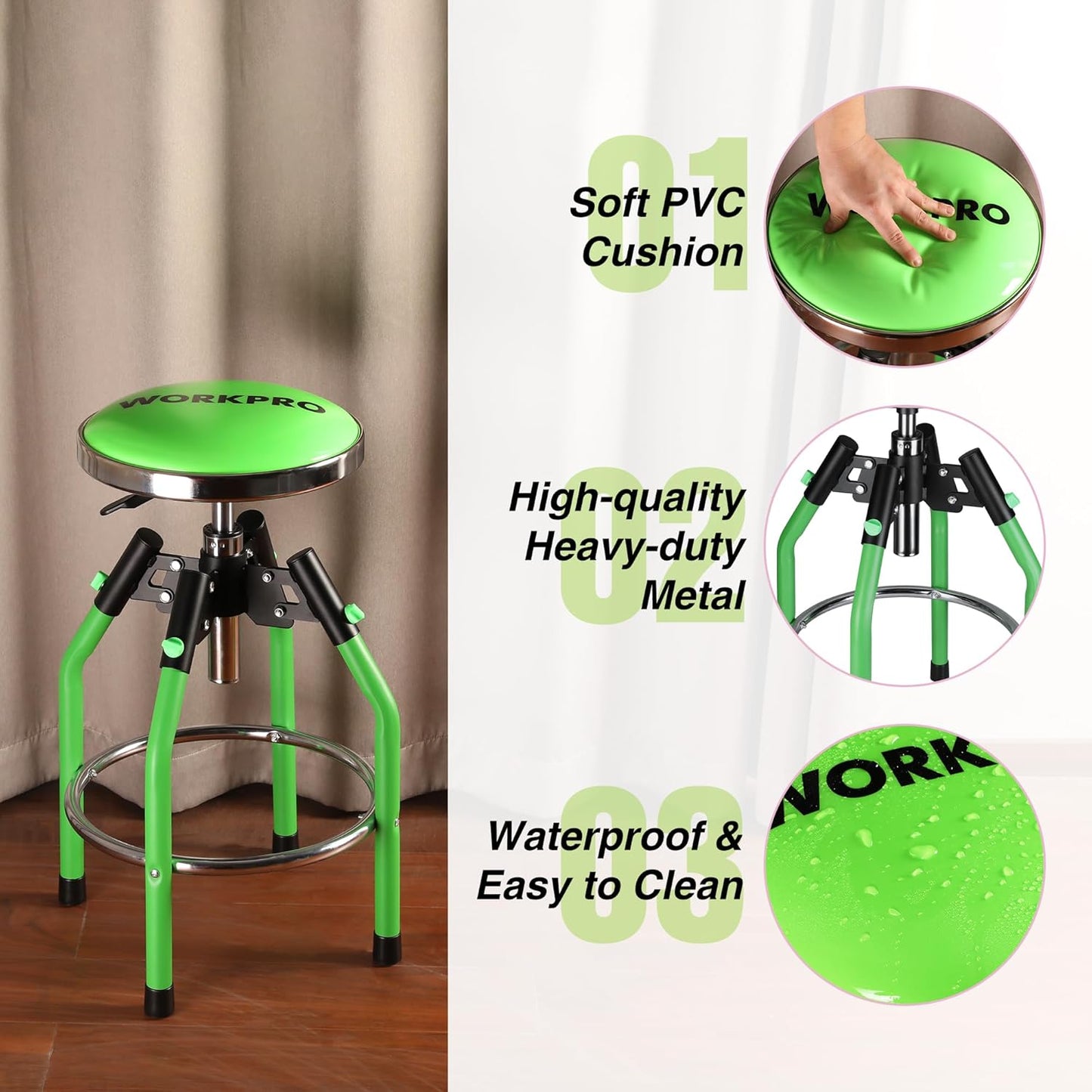 WORKPRO Garage Bar Stool, Heavy Duty Adjustable Hydraulic Shop Stool, 29in to 33. 86in, 330-Pound Capacity, Green