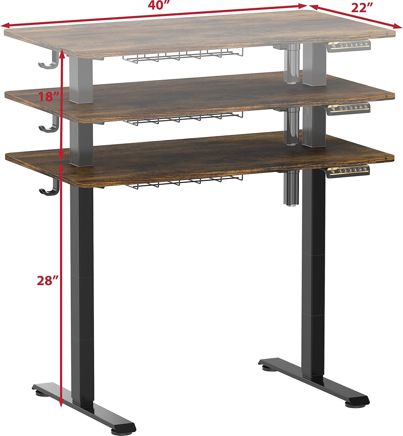 SHW 40 x 22 Inches Electric Height Adjustable Sit to Stand Desk with Hanging Hooks and Cable Management, Black Frame and Rustic Brown Top