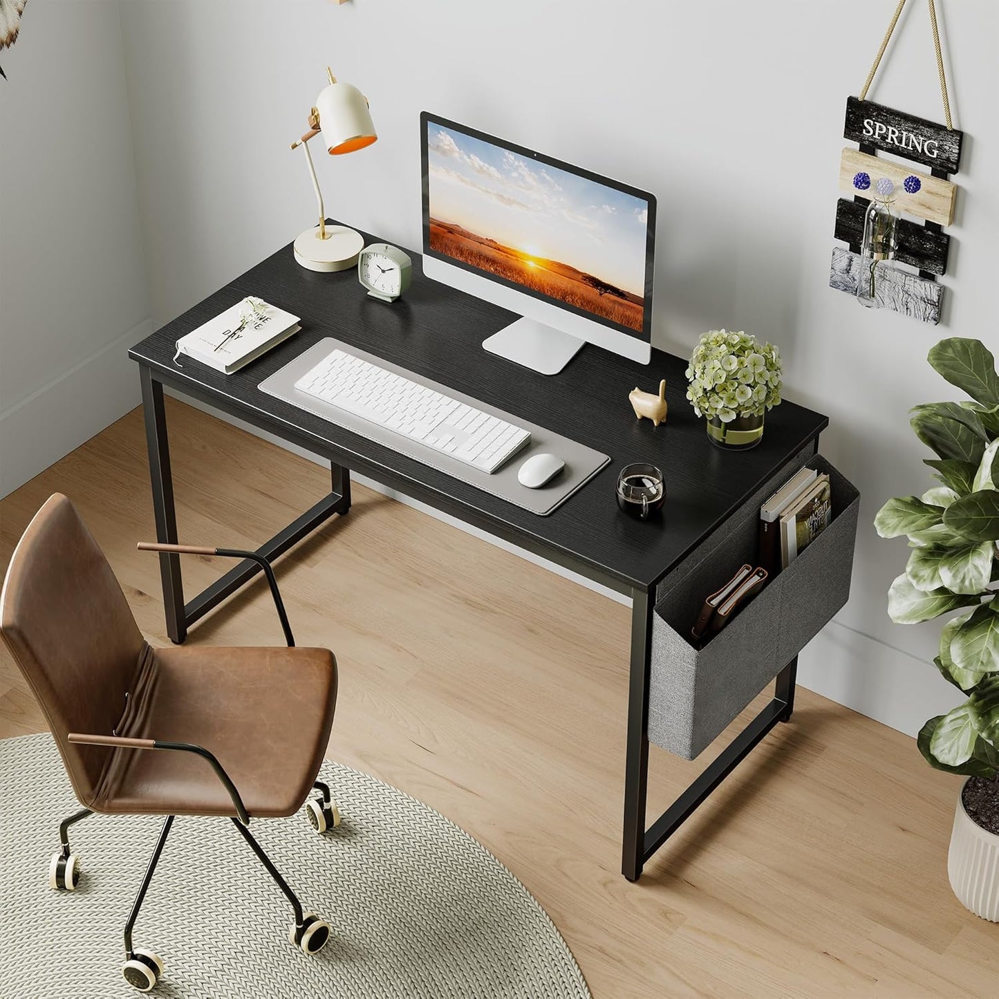 Cubiker Computer Desk 63 inch Home Office Writing Study Desk, Modern Simple Style Laptop Table with Storage Bag, Black