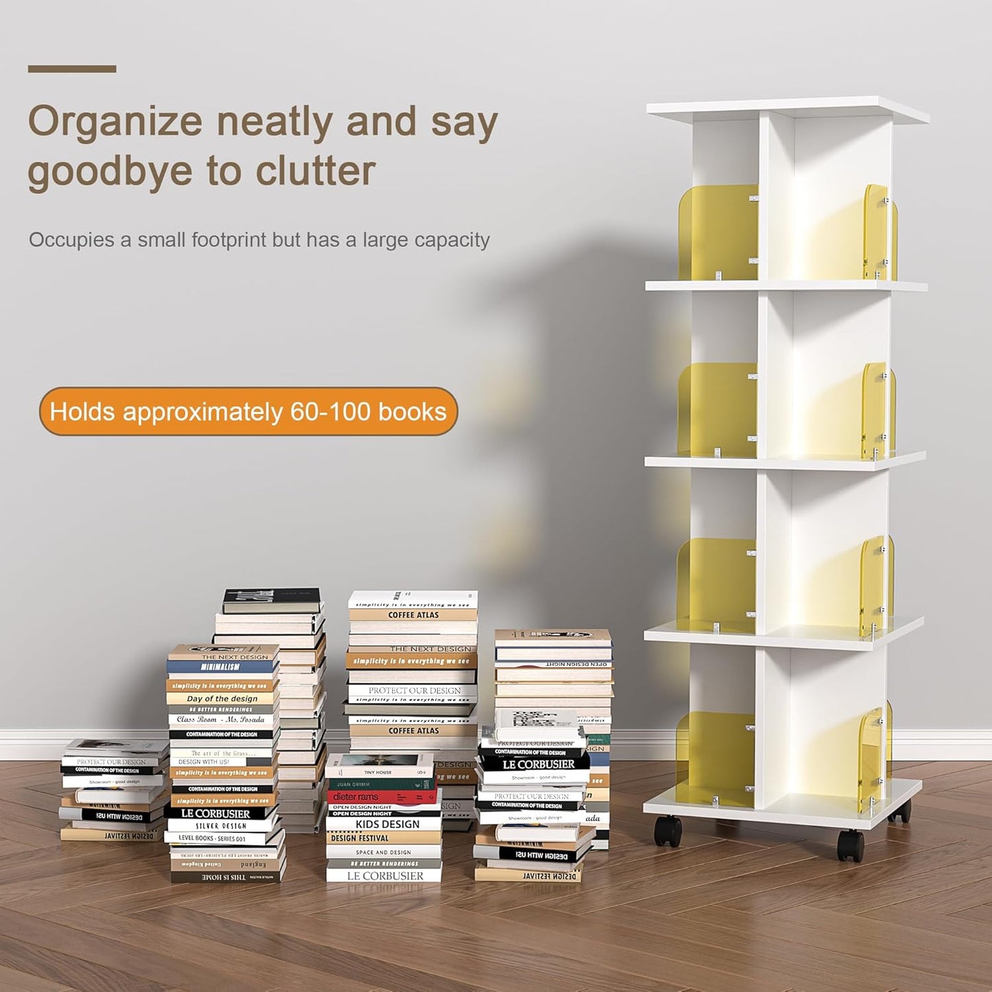 VECELO 4-Tier Rotating Bookshelf, Modern Swivel Bookcase, Vintage Book Shelf for 360° Display, Stackable Shelves Floor-Standing Storage for Home Office, Solid Wood, Smooth Spinning, White