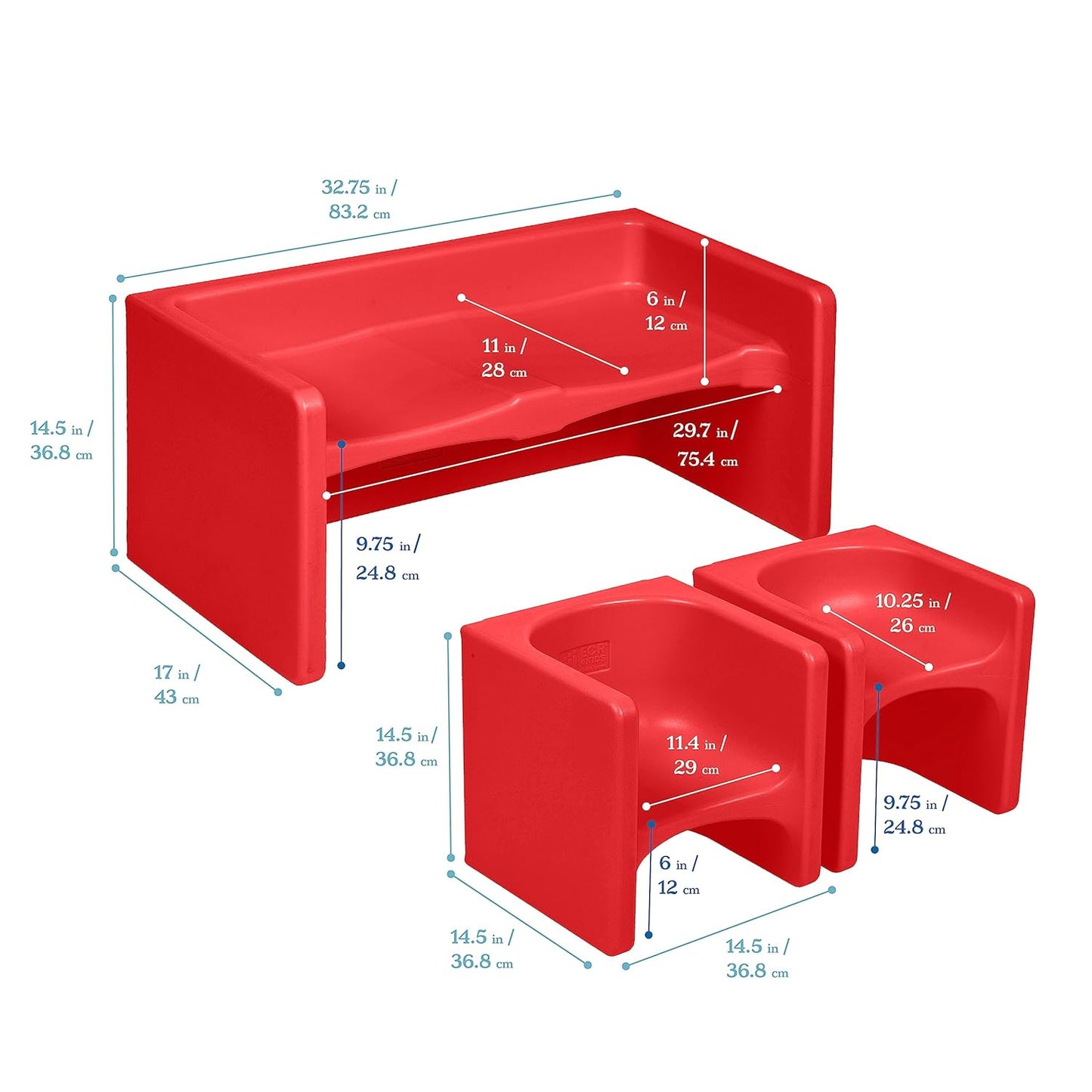 ECR4Kids Tri-Me Table and Cube Chair Set, Multipurpose Furniture, Red, 3-Piece
