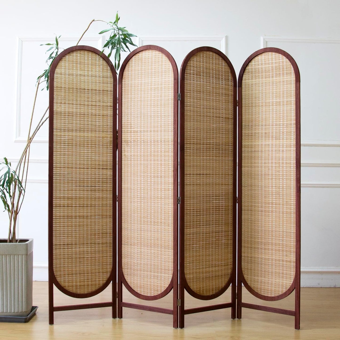 4 Panel Room Divider Screen and Folding Panel Screen in Arch Shape,Double Sided Panel Divider for Room Separation,Light Brown,70.9" H x 70.9" W