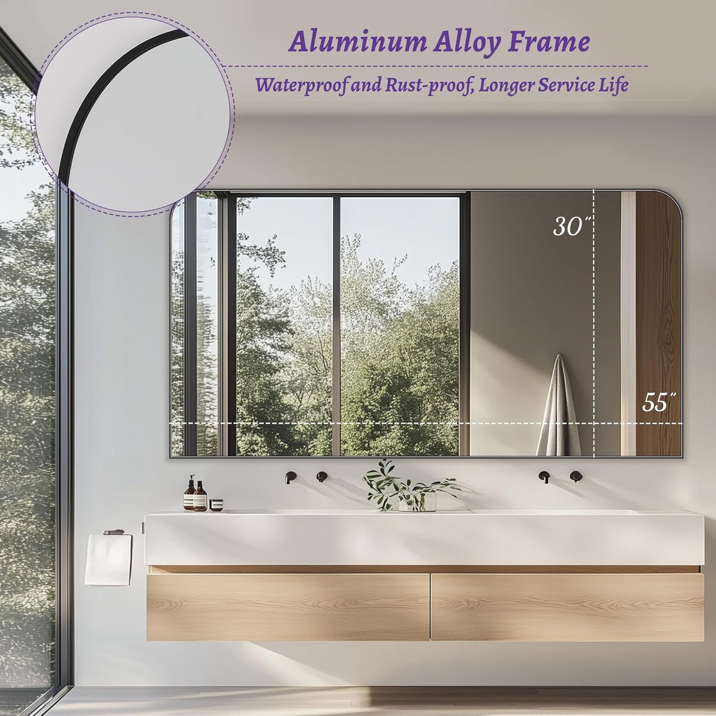 Bathroom Mirror, Wall Mirrors, Black Metal Framed Wall-Mounted Mirrors, Bathroom Vanity Mirror for Over Sink, Living Room, Bedroom, Entryway, 55x30 Inch, Black