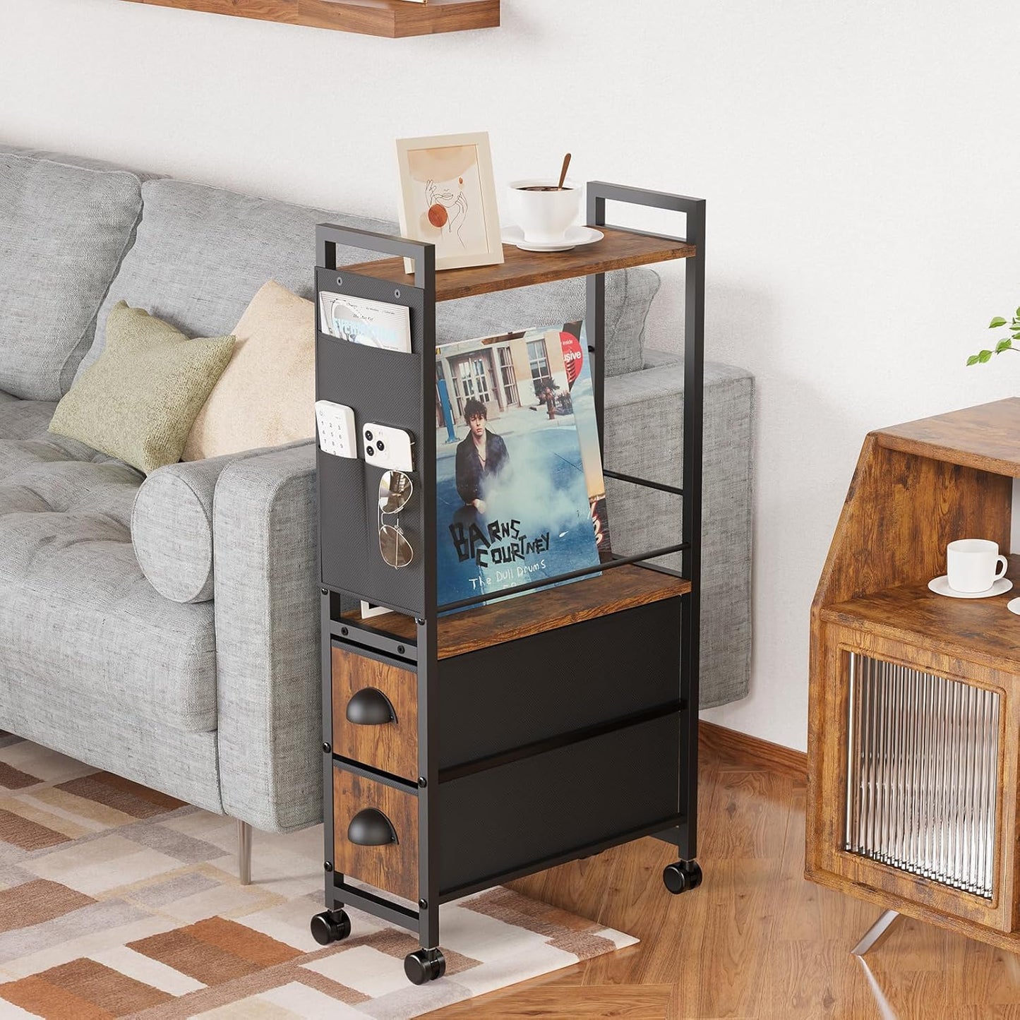 Narrow Side Tables with 2 Drawer for Small Spaces, Skinny Thin Bedside Nightstand End Table on Wheels, Rolling Slim Tall Desk with Storage Bag for Sofa Living Room Dorm Bedroom Couch Bathroom