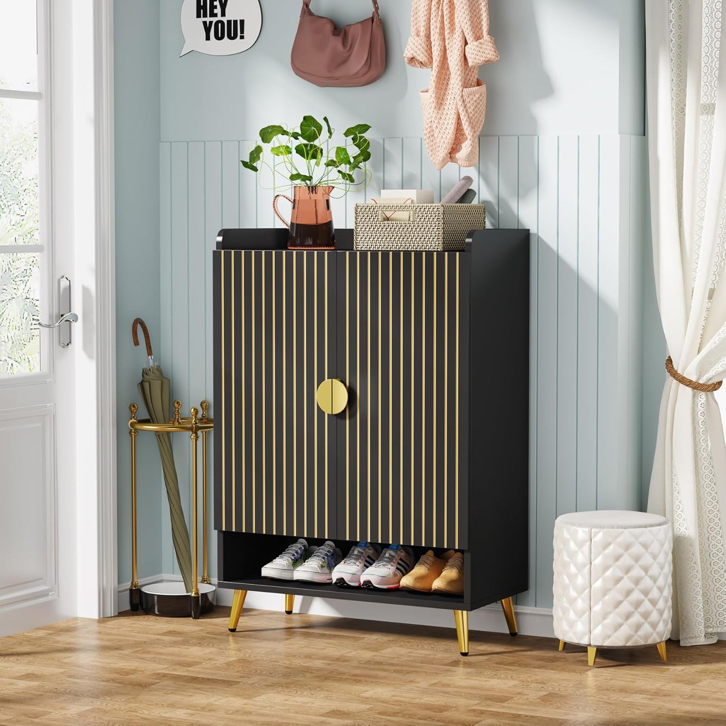 Tribesigns Shoe Cabinet with Doors, 7-Tier Shoe Storage Cabinet with Adjustable Shelves, Wooden Shoes Rack Shoe Storage Organizer for Entryway, Hallway, Closet, Living Room, Black