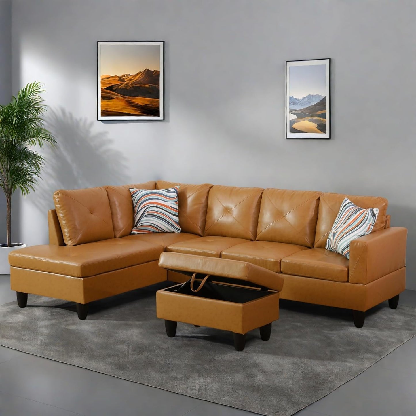 L-Shaped Sectional Sofa with Ottoman, Right-Facing Leather Modern Couch for Living Room, Bedroom, Office, Ginger Black