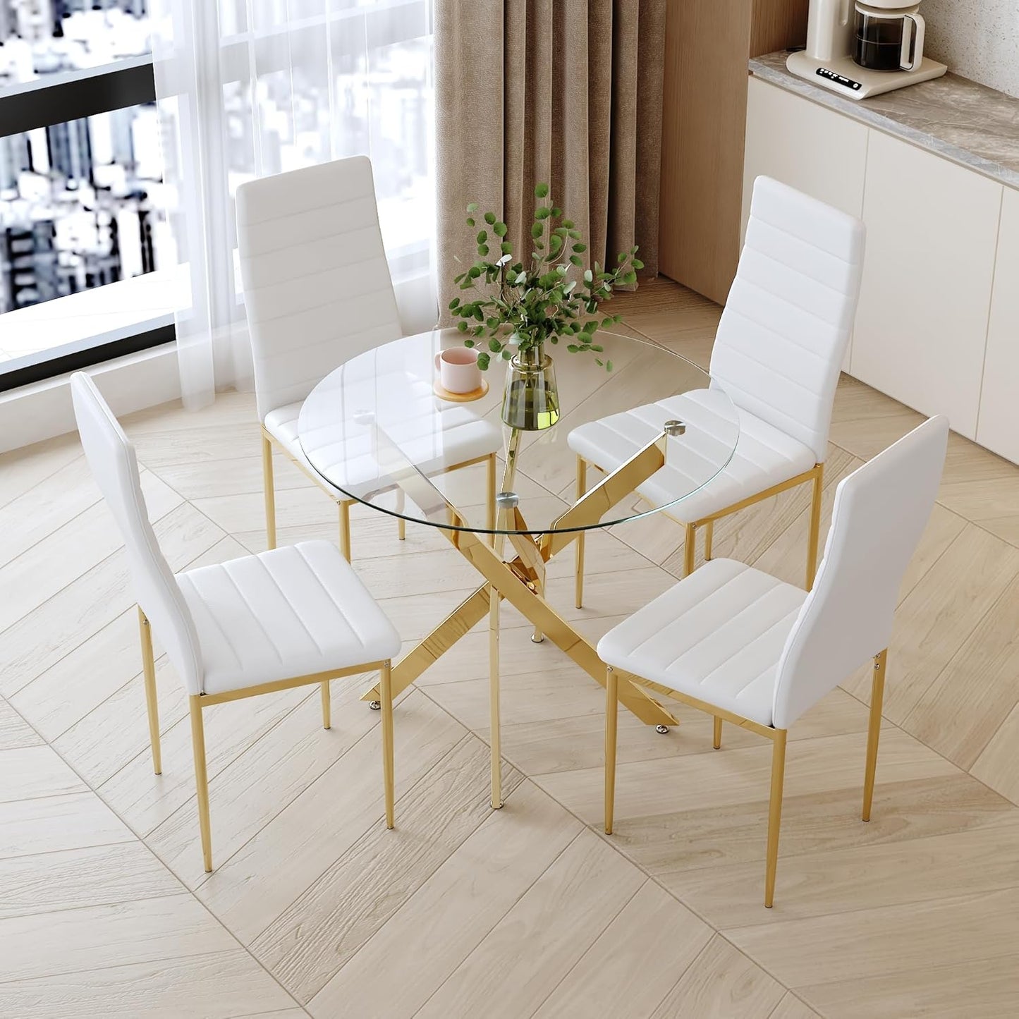 Round Tempered Glass Dining Table for 2-4 with Chromed Legs, 35.5 Inch Modern Small Kitchen Table Dining Room Table for Kitchen Dining Room (Gold)