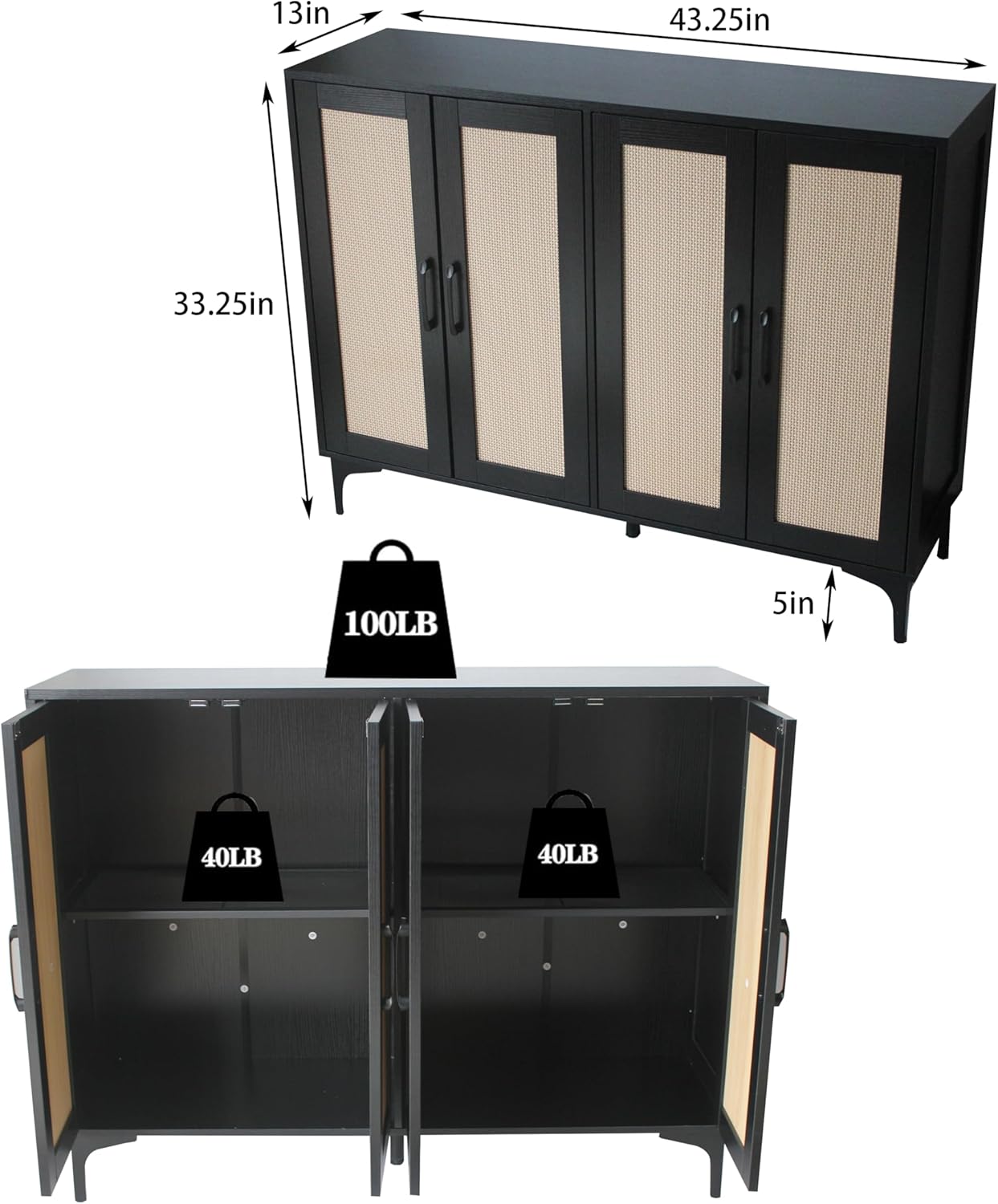 Buffet Sideboard, Side Storage Cabinet, entryway Cabinet, Buffet Sideboard with Rattan, Featuring 4 Doors and Adjustable Shelves, Suitable for Living Room (Black)