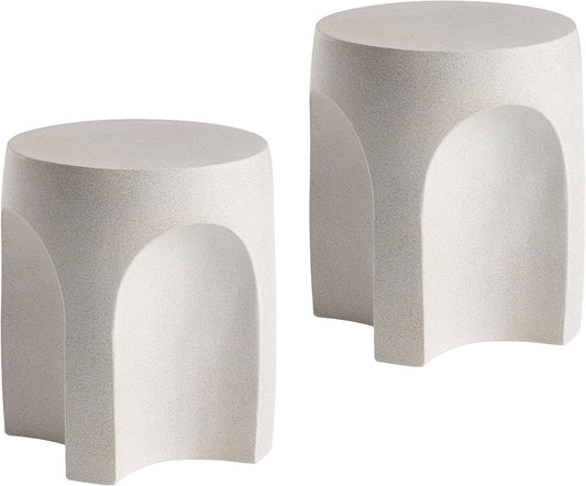 COSIEST Set of 2 Concrete Side Table Drum Shape, 2 Pieces Outdoor Side Table, Patio Accent Cement End Tables, Plant Stand Garden Decorative Stool, Spotted White