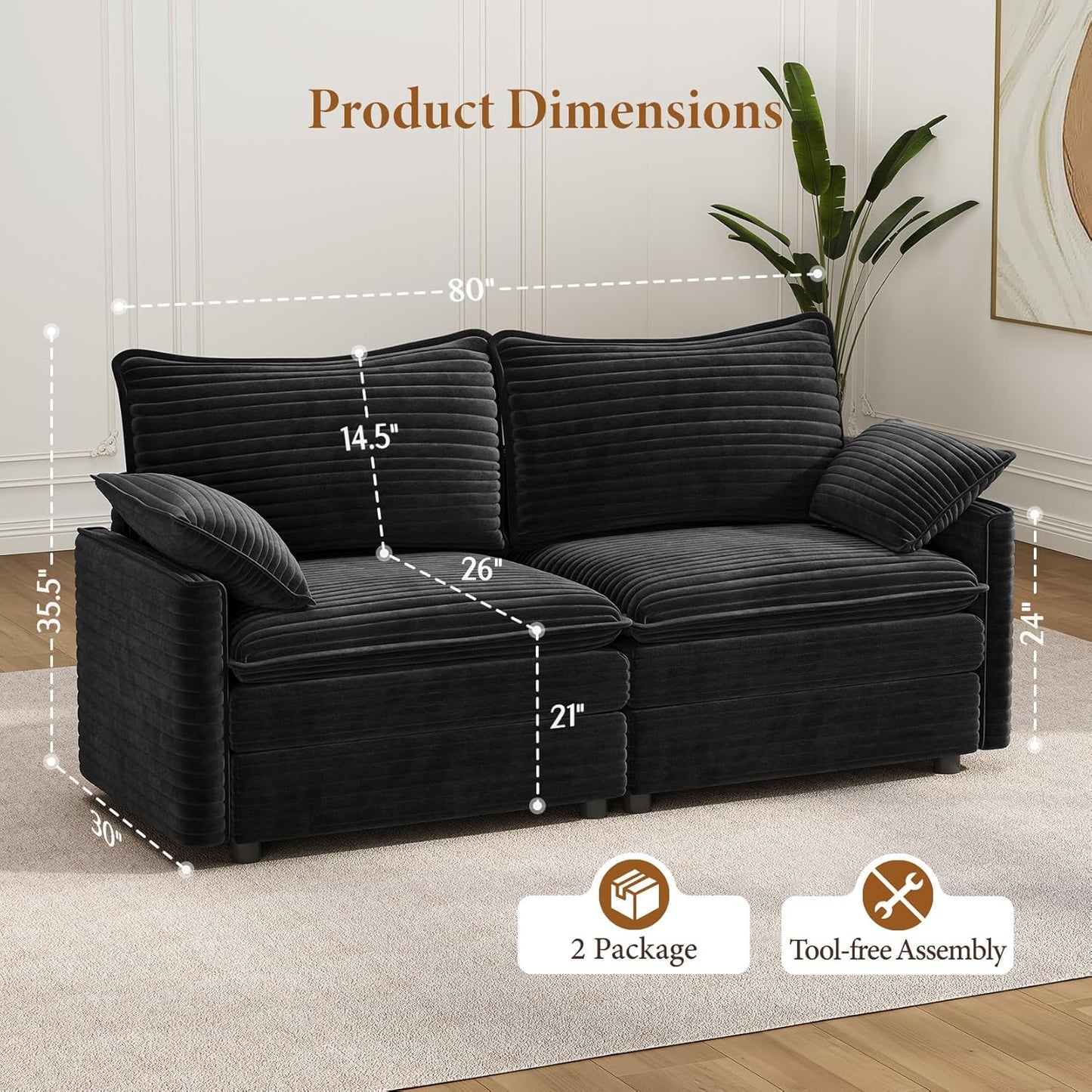 Vesgantti 74" Loveseat Sofa for Living Room, Comfy Cloud Couch Deep Seat Corduroy Modern 2 Seater Small Sofa with Armrest Pillow, Easy Assembly for Small Spaces, Black