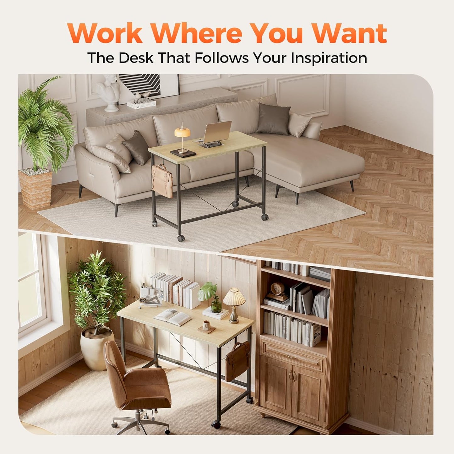 Rolling Computer Desk with Wheels, Gaming Desk for Small Spaces, Modern Simple Style Table for Home Office, Study Writing Table (Caster, Oak, 24 inch)