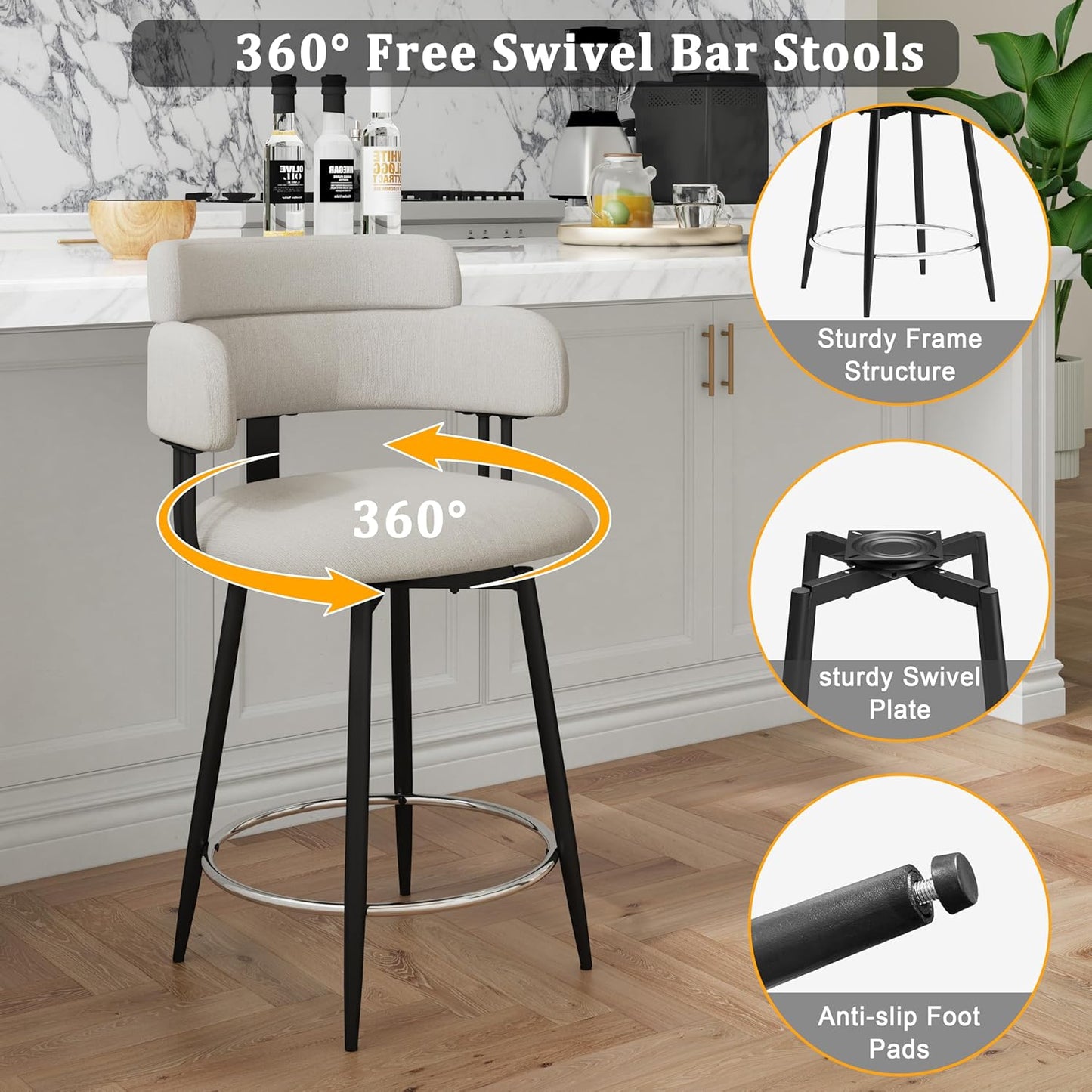 Swivel Bar Stools Set of 2, Counter Height Bar Stools with Ergonomic Full Back, Upholstered Linen Fabric Barstools with Chrome Metal Footrest for Kitchen Island, Dining Room