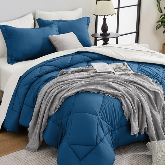HEVUMYI Teal Blue & Ivory King Comforter Set - 7-Piece All Season Bed in a Bag King, Ultra Soft Bedding Set with Comforter, Flat Sheet, Fitted Sheet, Pillowcases, Pillow Shams, Teal Blue & Ivory