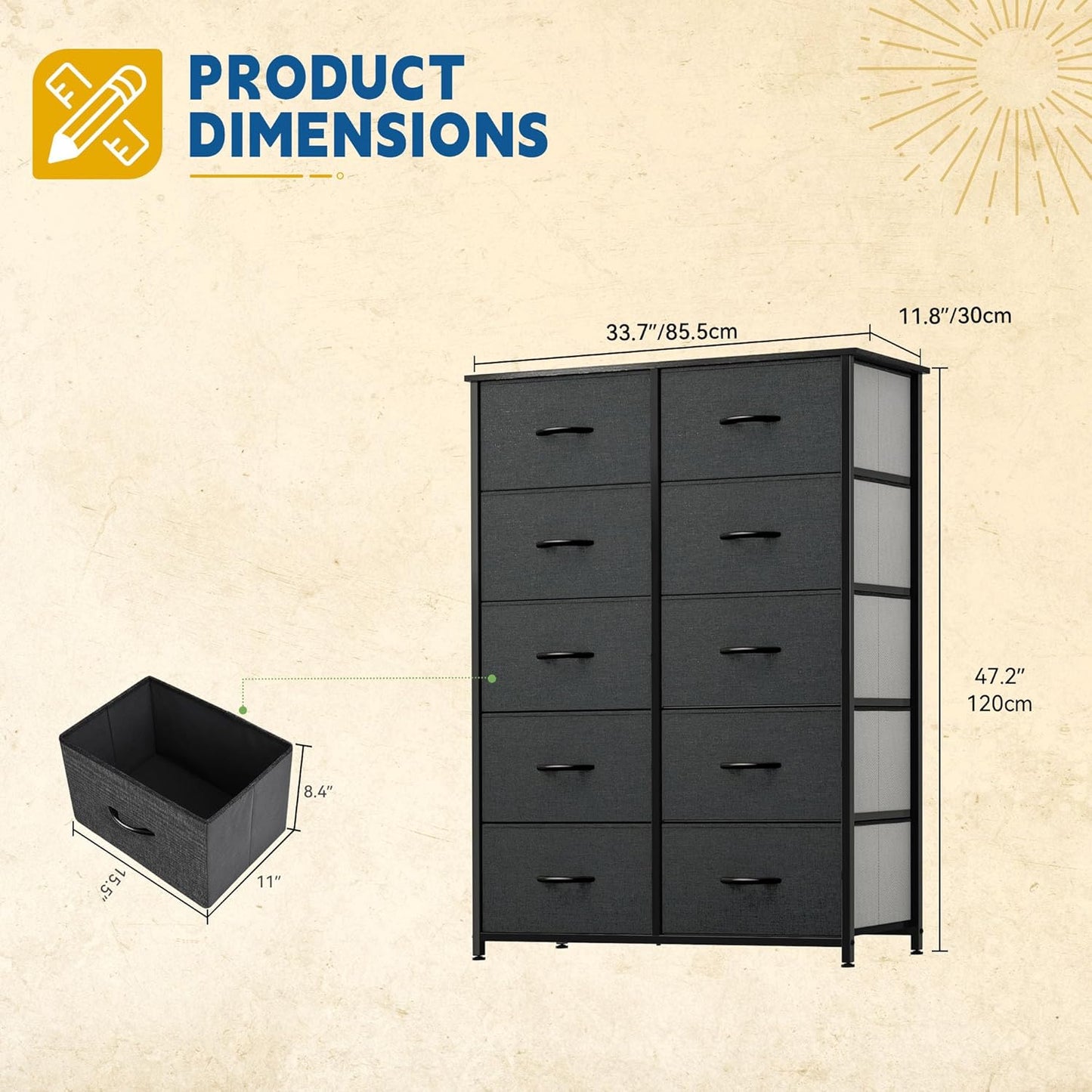 DWVO 10 Drawer Dresser - Fabric Storage Tower, Organizer Unit for Bedroom, Living Room, Hallway, Closets - Sturdy Steel Frame, Wooden Top & Easy Pull Fabric Bins