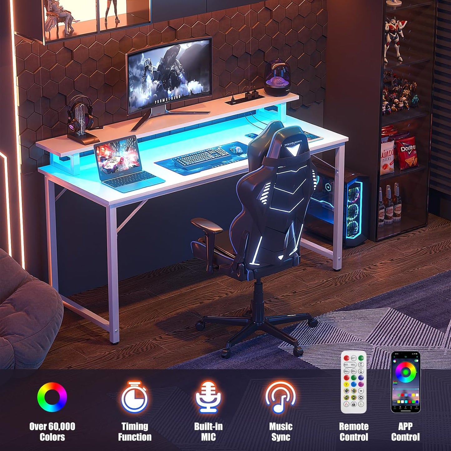 Computer Desk with USB Power Outlets and LED Lights, 47 inch Gaming Desk with Monitor Stand for Small Space Home Office, Modern Simple Study Writing Table PC Desks, White