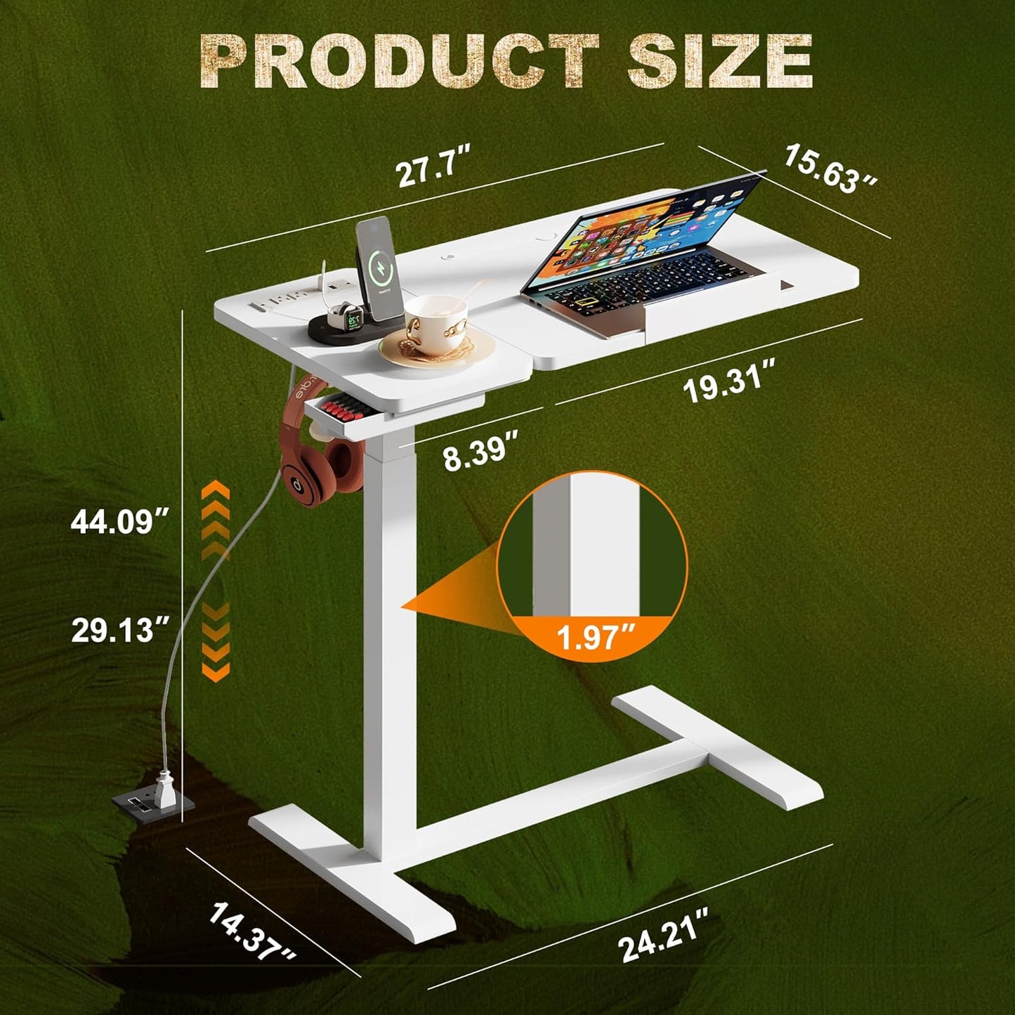 Standing Desk, Medical Overbed Table with Rolling Tray and Power Outlet, Dual Pneumatic Angle and Height Adjustable Desk, Portable Side Table with Drawer, Home & Hospital Use, White