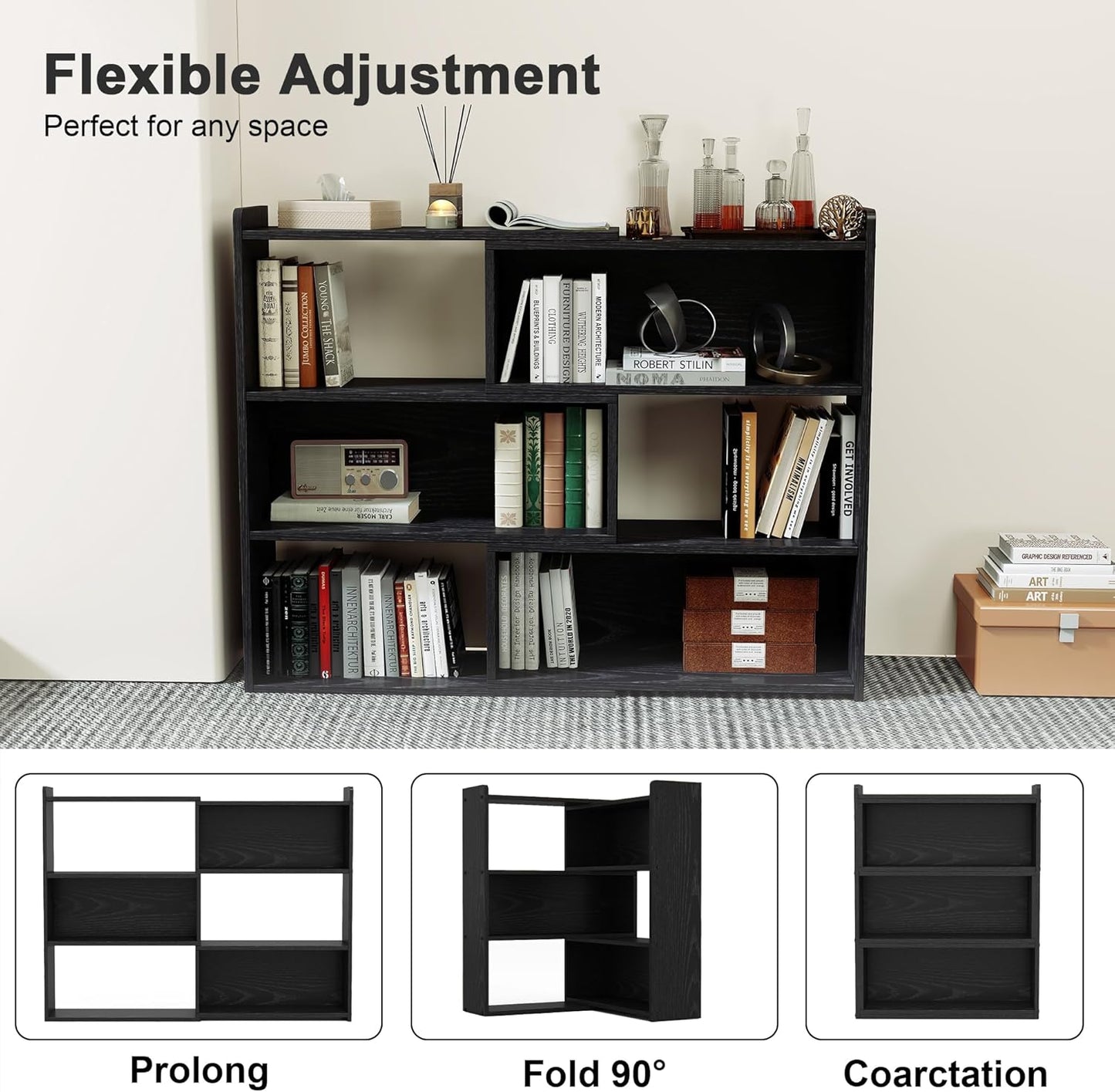 Open Shelf Low Bookcase,Wooden 4-Tier Floor Standing Expandable 25-47 inch Wide Bookcase,with Side Panels Frame for Home and Office