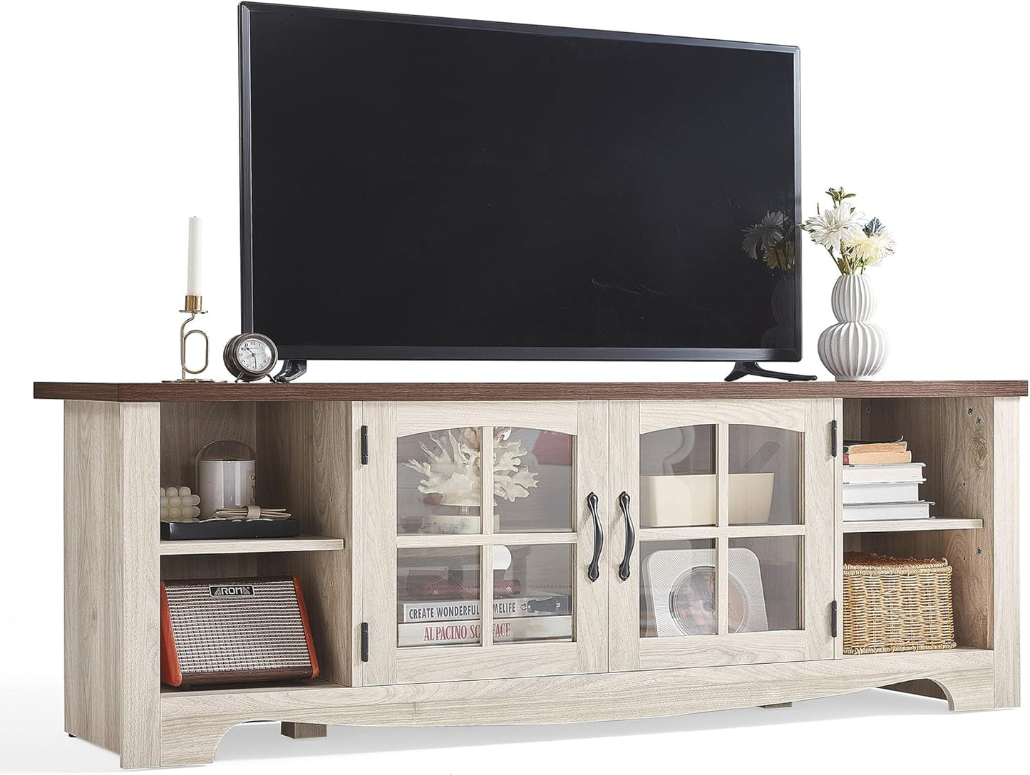 LINSY HOME TV Stand for 75 Inch TV, Modern Farmhouse Entertainment Center with Storage Cabinets and Glass Doors, Tall Media Console Table for Living Room, Bedroom, Large Long Television Stand, Beige