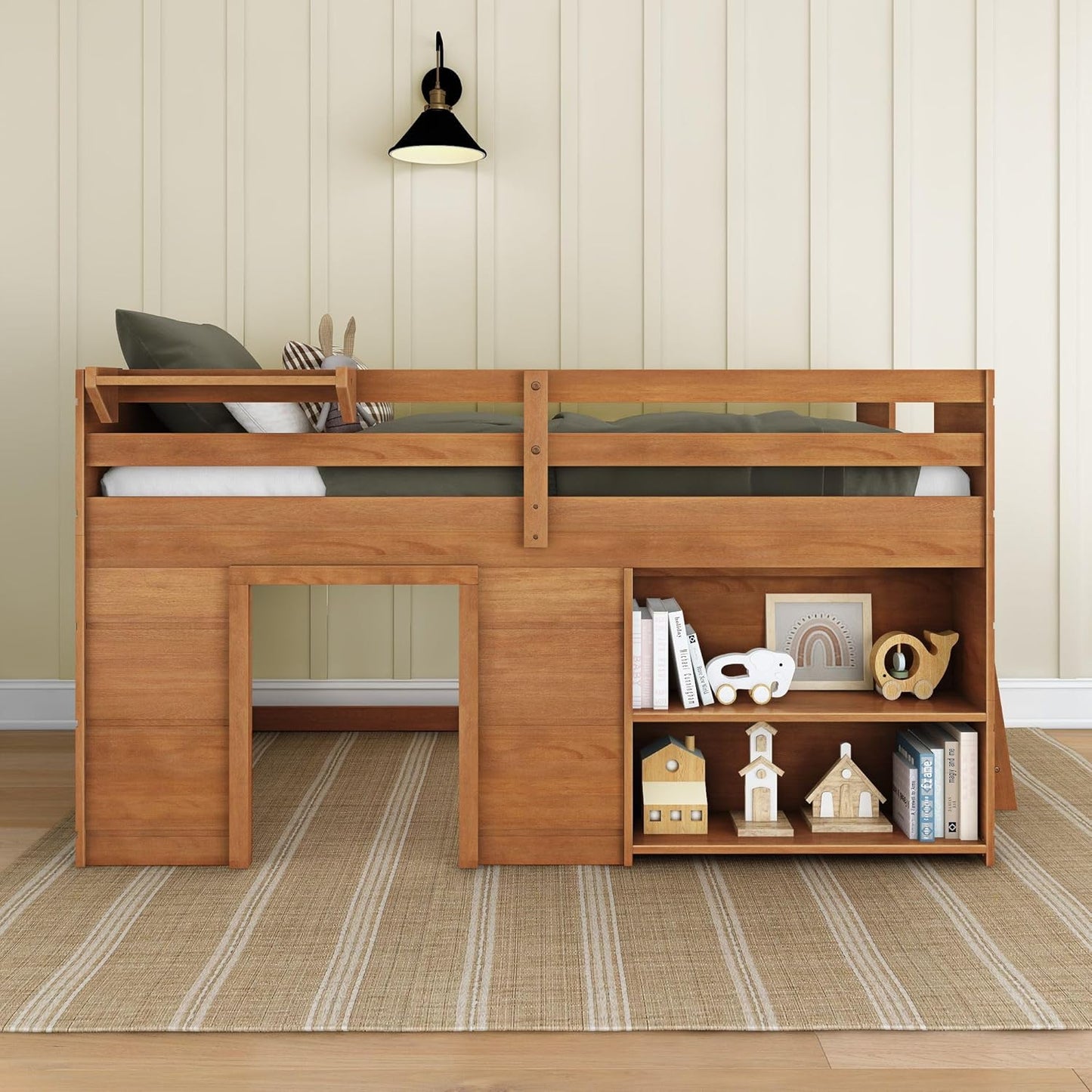 Max & Lily Modern Farmhouse Twin Low Loft Bed with Bookcase - Solid Wood, 15” Guardrails, 400-lb Capacity, Low-VOC Finish, Farmhouse Pecan