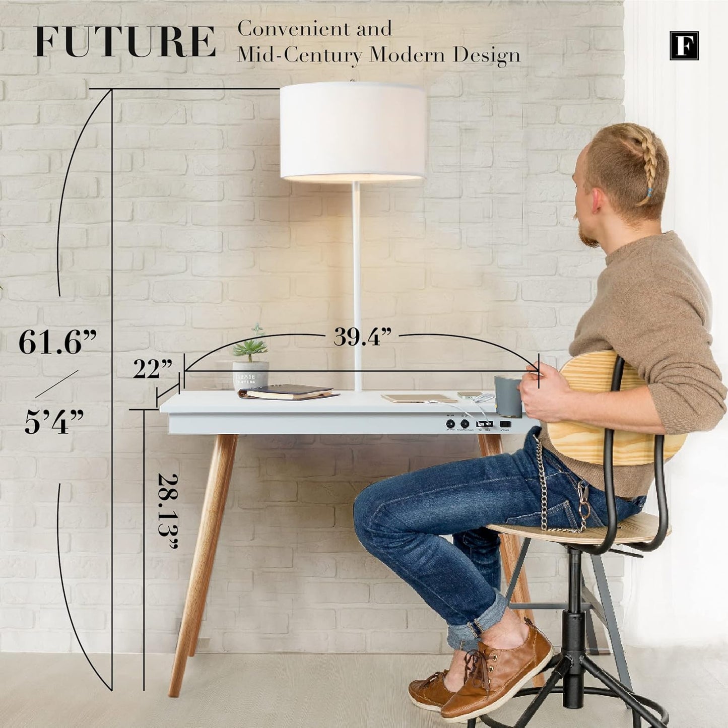 FENLO Future 39" Mid Century Modern Desk for Home Office, Office Desk with USB Charging Station, Wireless Charging, USB, USB-C Ports, White