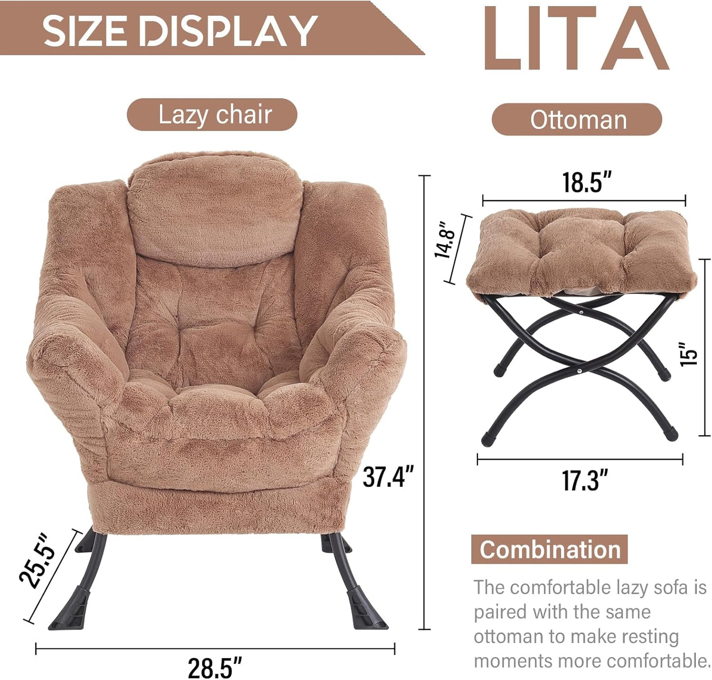 Cozy Lazy Chair and Ottoman, Large Contemporary Accent Lounge Chair Set, Leisure Upholstered Reading Armchair for Bedroom, Living Room, Dorm Rooms, Office