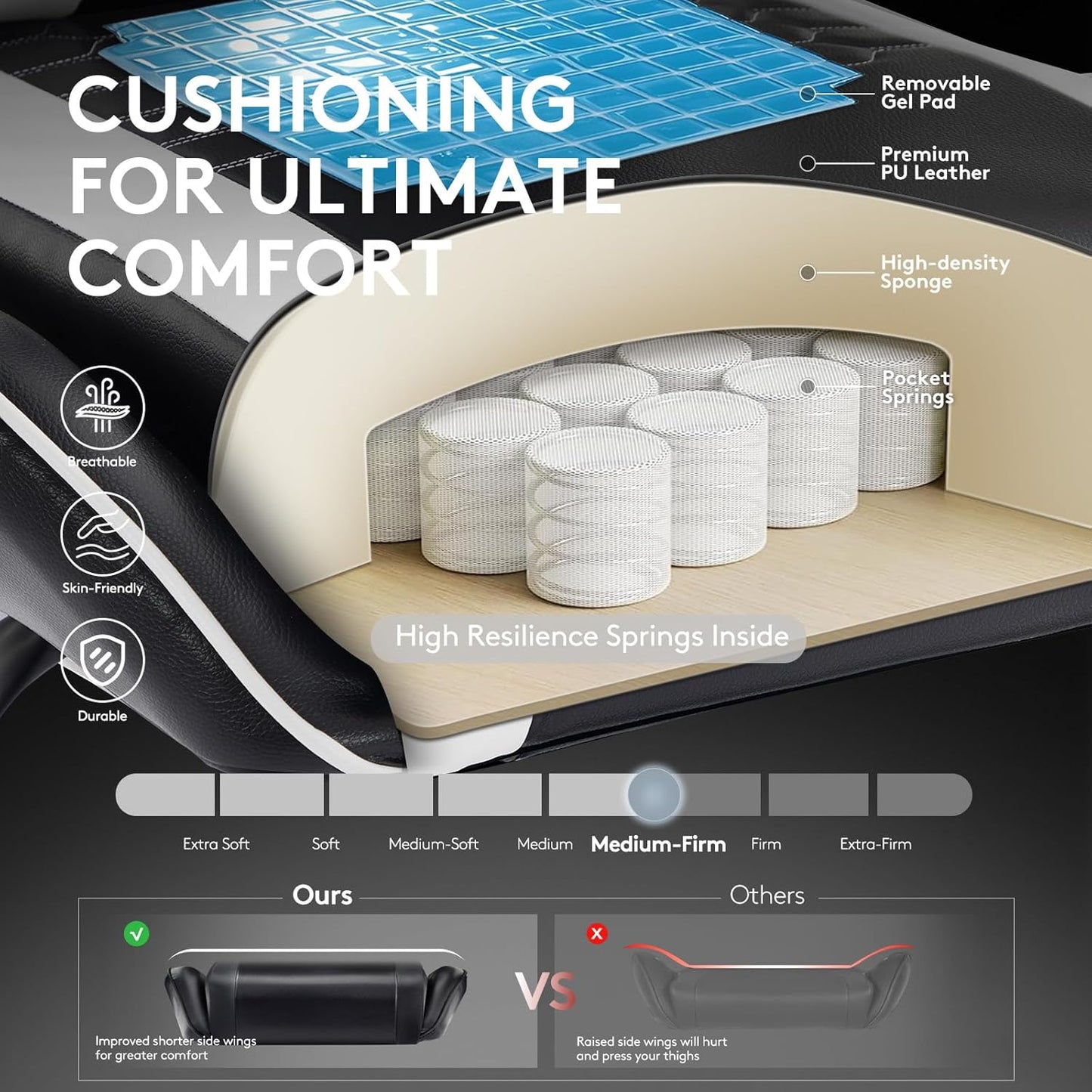 Gaming Chair,Computer Office Chair with Footrest,Massage Lumbar Support and Gel Pad,Ergonomic Reclining Adjustable Leather Gamer Chair with Headrest and Spring Cushion Black White