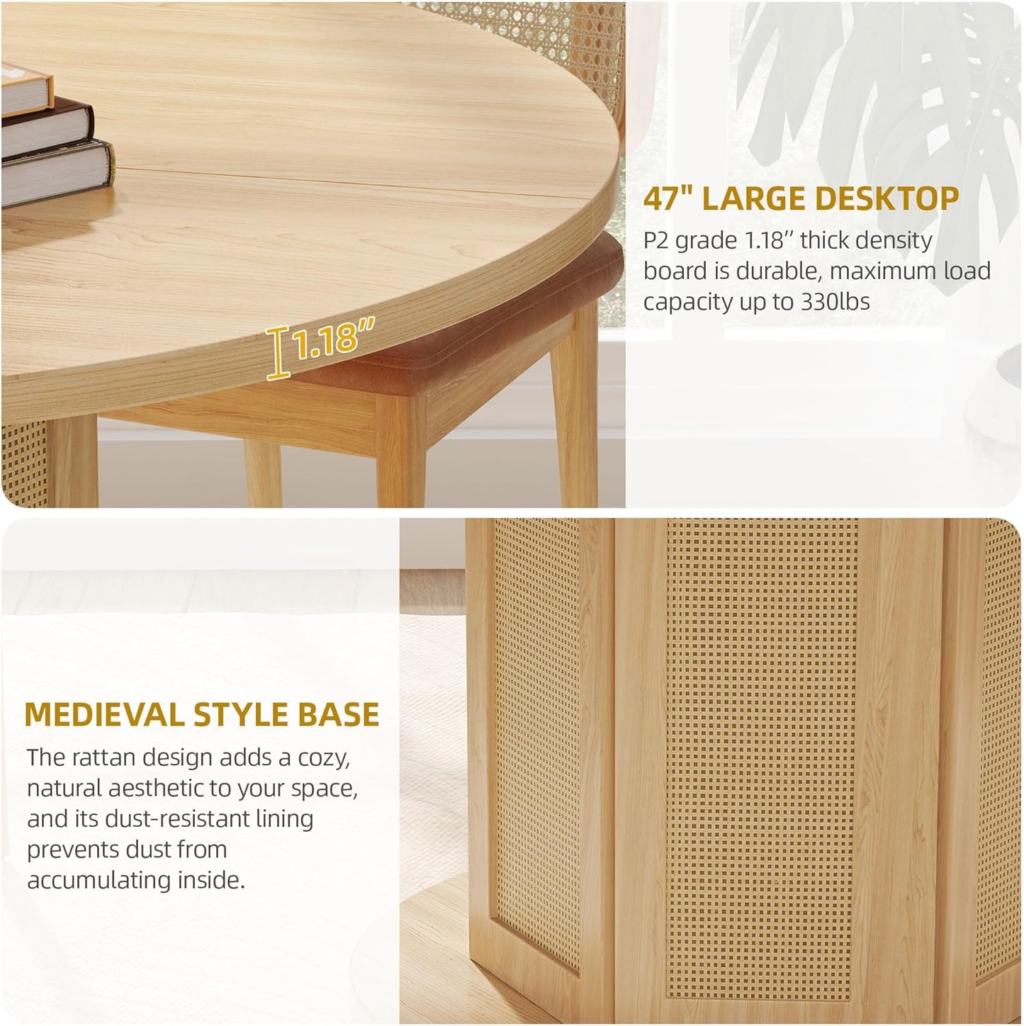 DWVO Round Dining Table for 4-6 People 47 Inch Farmhouse Kitchen Table with Rattan Circular Base Wooden Dinner Table for Dining Room Family Gathering, Natural Oak