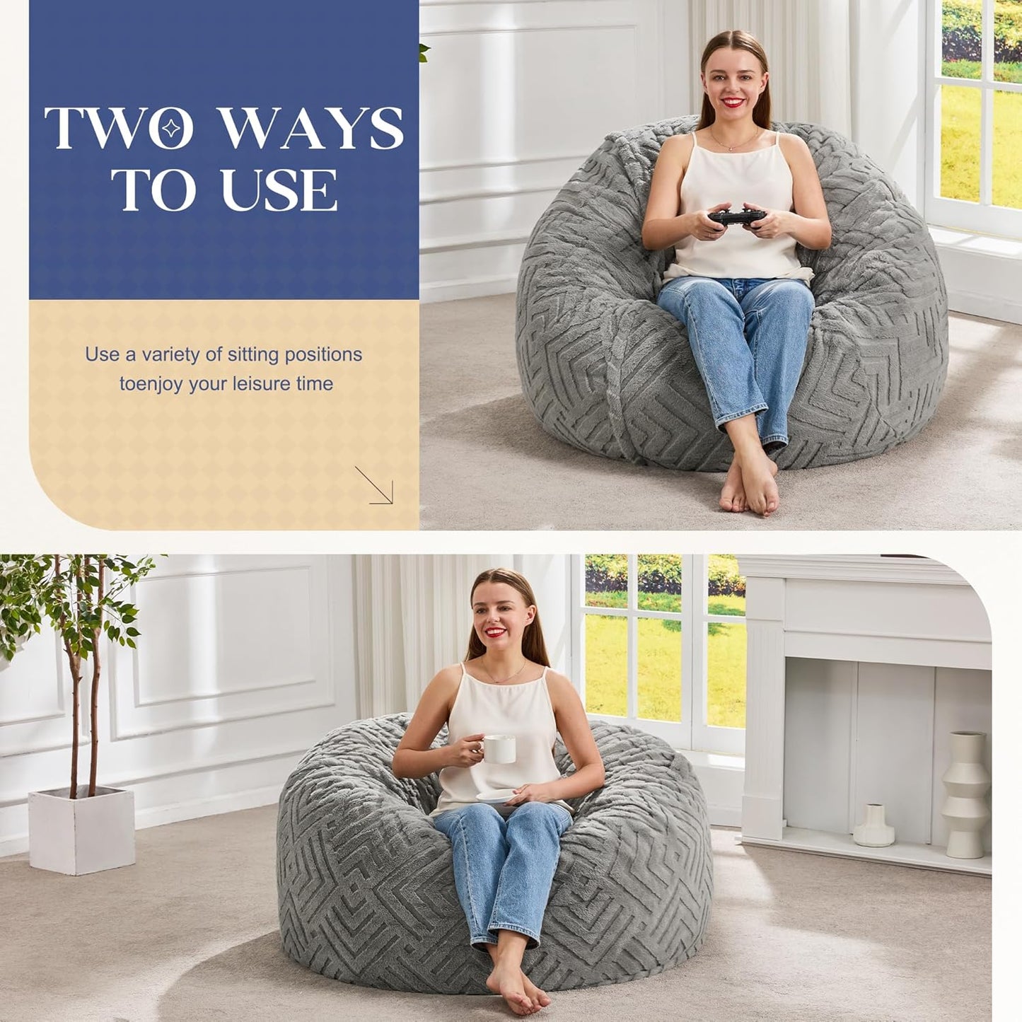 Hobestluk Bean Bag Chairs Adults Beanbag Chair with Filler Large Bean Bags with Fluffy Embossed Cover, Giant Bean Bag Chairs for Adults (Grey, 3FT - 36” x 36” x 22”)