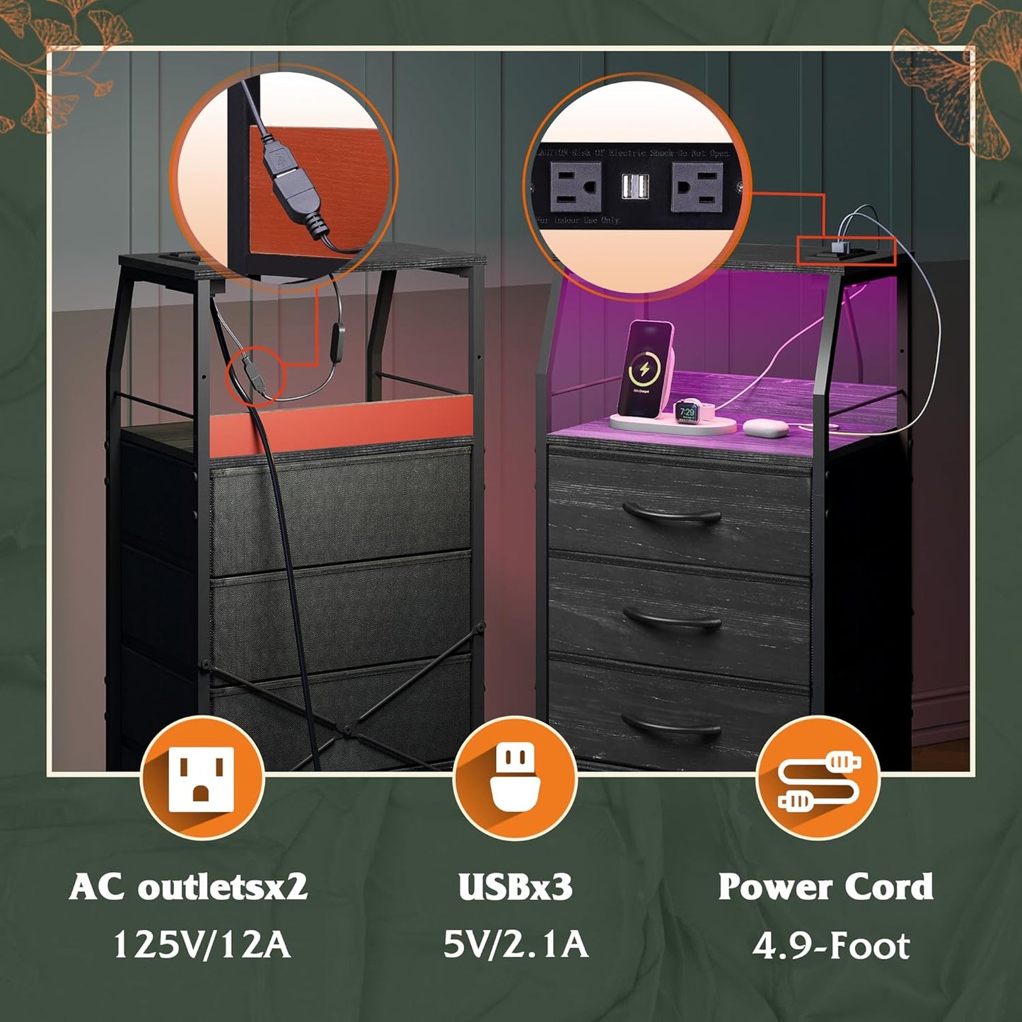 WLIVE Night Stand Set of 2 with Charging Station, Nightstand with LED Light and 4 Storage Fabric Drawers, Tall Dressers for Bedroom, Bedside Tables, Wood Shelf, Metal Frame, Black and Wood Grain Print