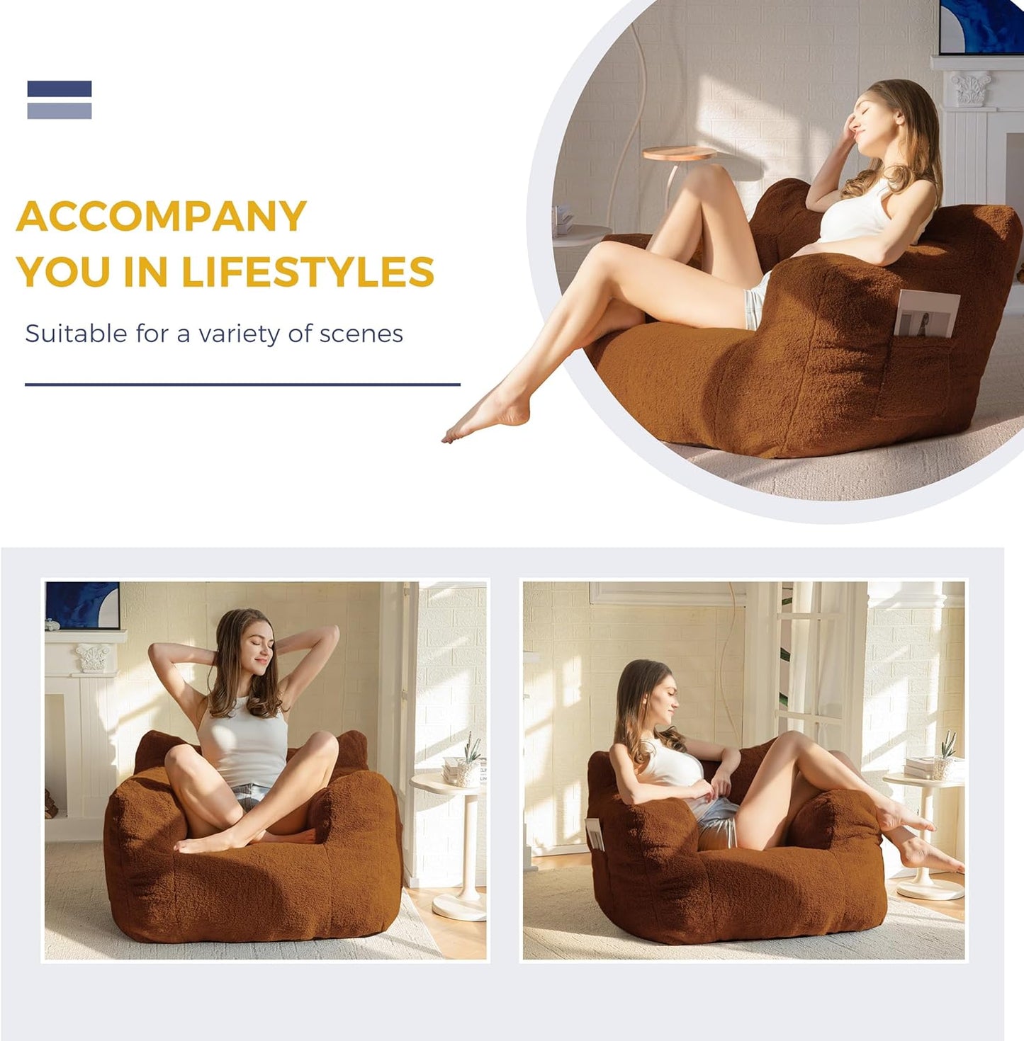 MAXYOYO Bean Bag Chair, Tufted Bean Bag Sofa with Boucle Fabric, Comfy Lazy Chair with Filler, Living Room Sofa for Adults Teens, Accent Couch for Bedroom Dorm, Coffee