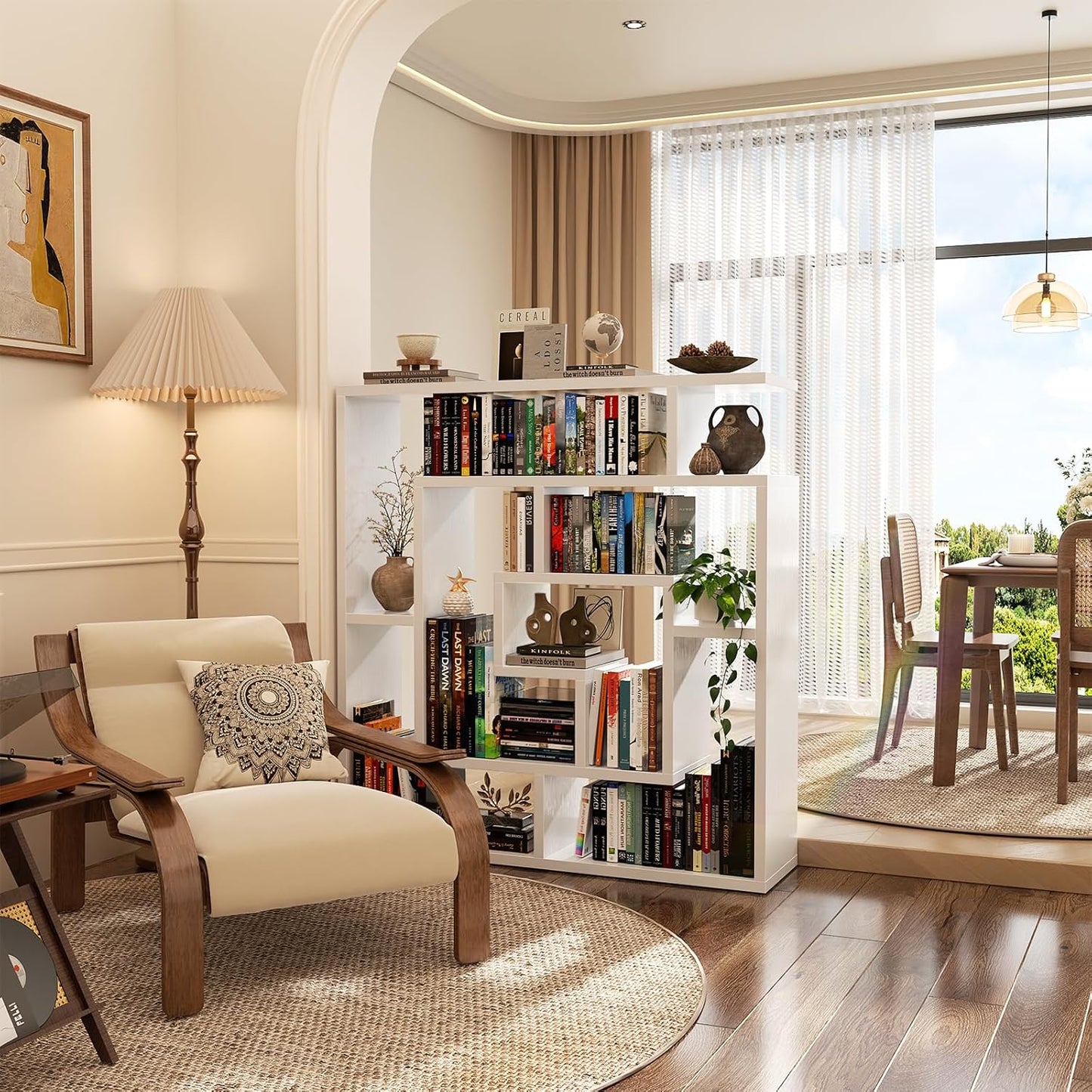 Armocity 6 Tier Display Book Shelf Wall Mounted Bookshelf Freestanding Geometric Bookcase Floating Book Shelves for Wall Bedroom Living Room Home Office, 45.5"(W) * 47"(H), White