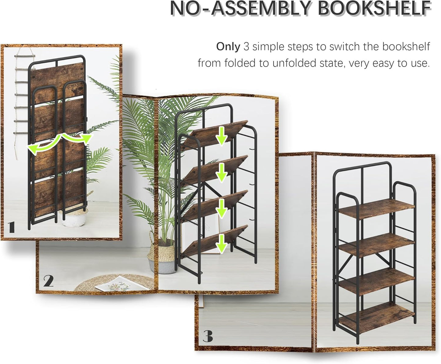 4NM No Assembly Folding Bookshelf 4 Tiers Vintage Industrial Black Book Shelf Metal Foldable Storage Bookcase and Bookshelves for Living Room,Bedroom and Kitchen - Rustic Brown