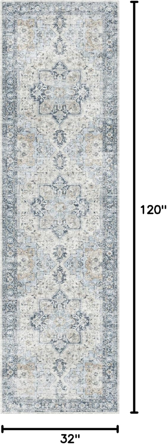 GENIMO Runner Rug 2'6''x10, Non Slip Vintage Hallway Runner Rugs, Low Pile Lightweight Machine Washable Mat for Hallway, Entryway, Bedroom, Kitchen and Corridor, Blue