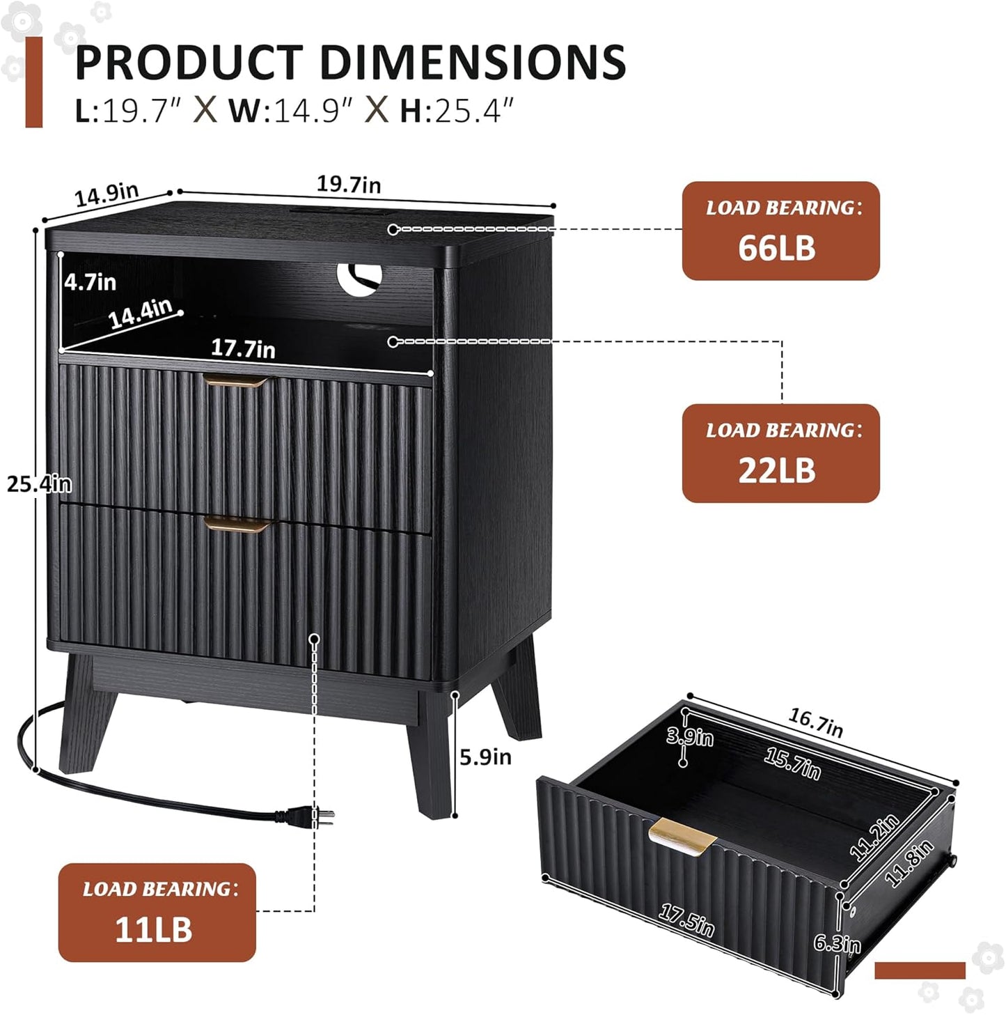 Fluted Nightstand with Charging Station, 19.7 inch Wide End Table with 2 Drawers, Modern Wood Bedside Table for Bedroom, Black