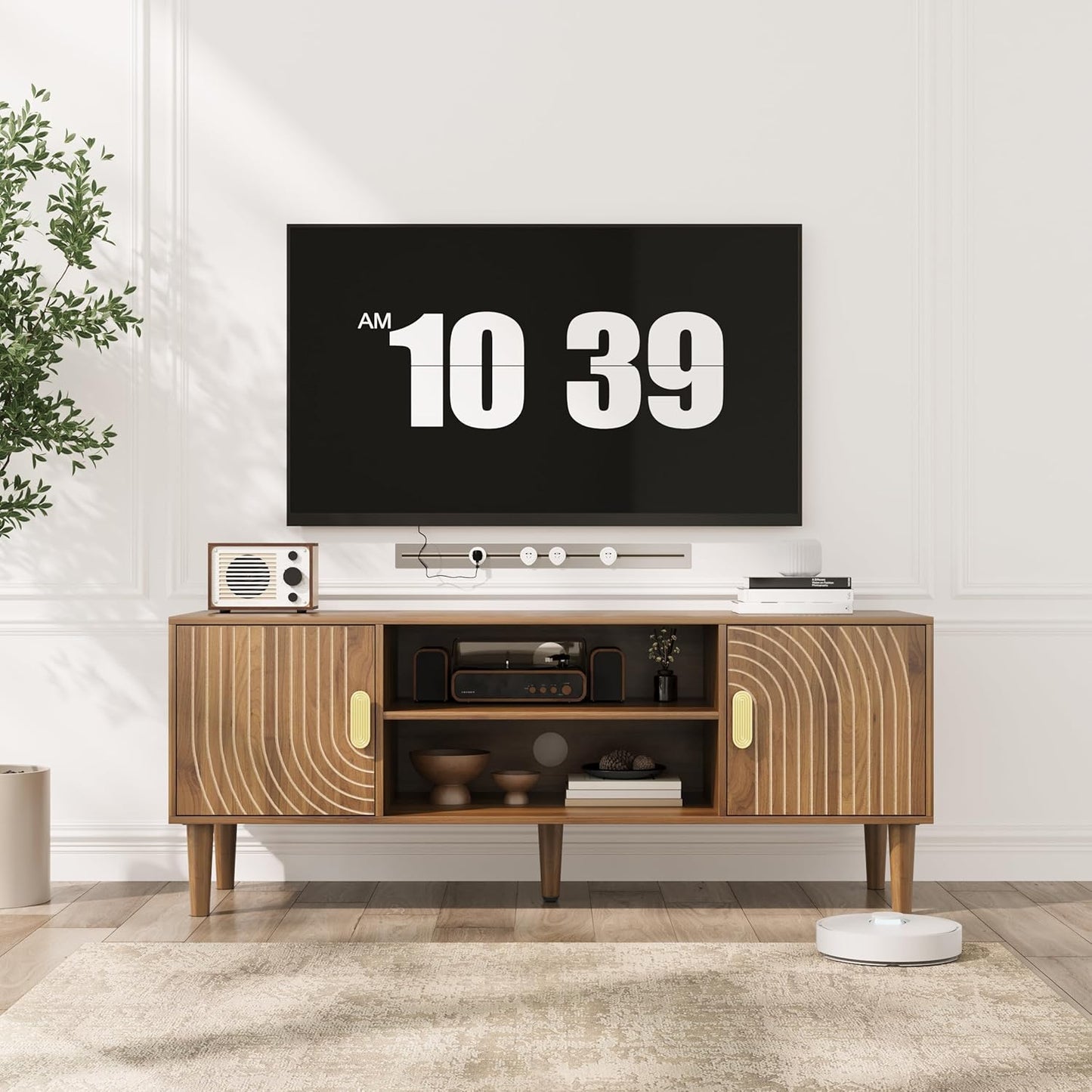 Smuxee Walnut TV Stand with Line Groove Design, 47.2" Mid Century Modern TV Media Console for TVs up to 55", TV Cabinet with Adjustable Shelf & 2 Cabinets for Living Room